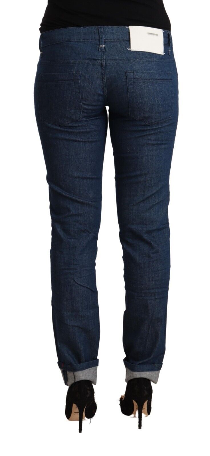 Eight Blue Cotton Low Waist Skinny Denim Folded Hem Jeans