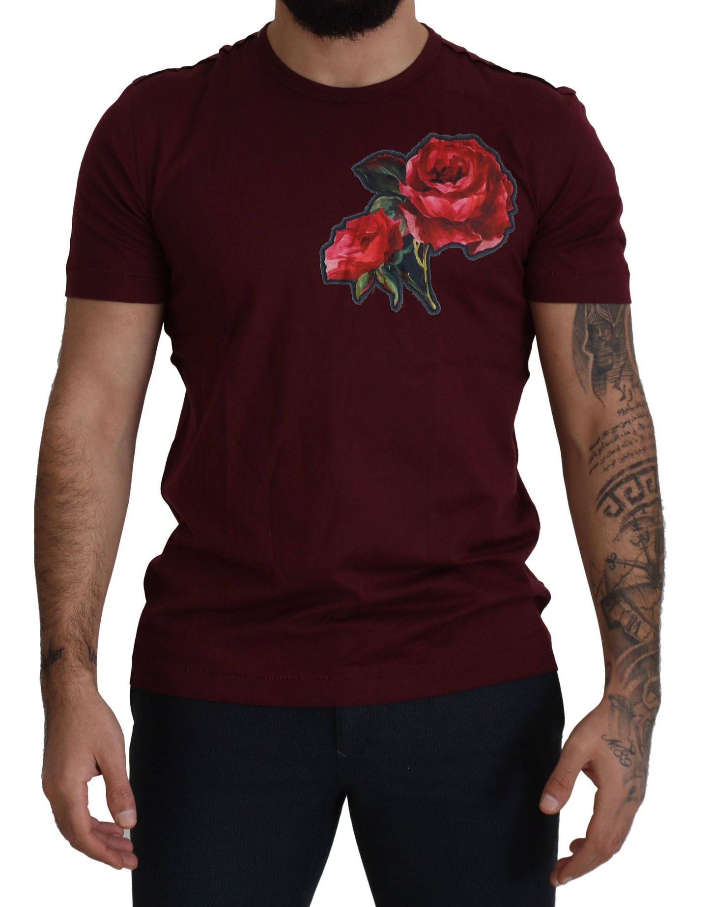 T-shirt ras du cou élégant Dolce & Gabbana à motif roses bordeaux