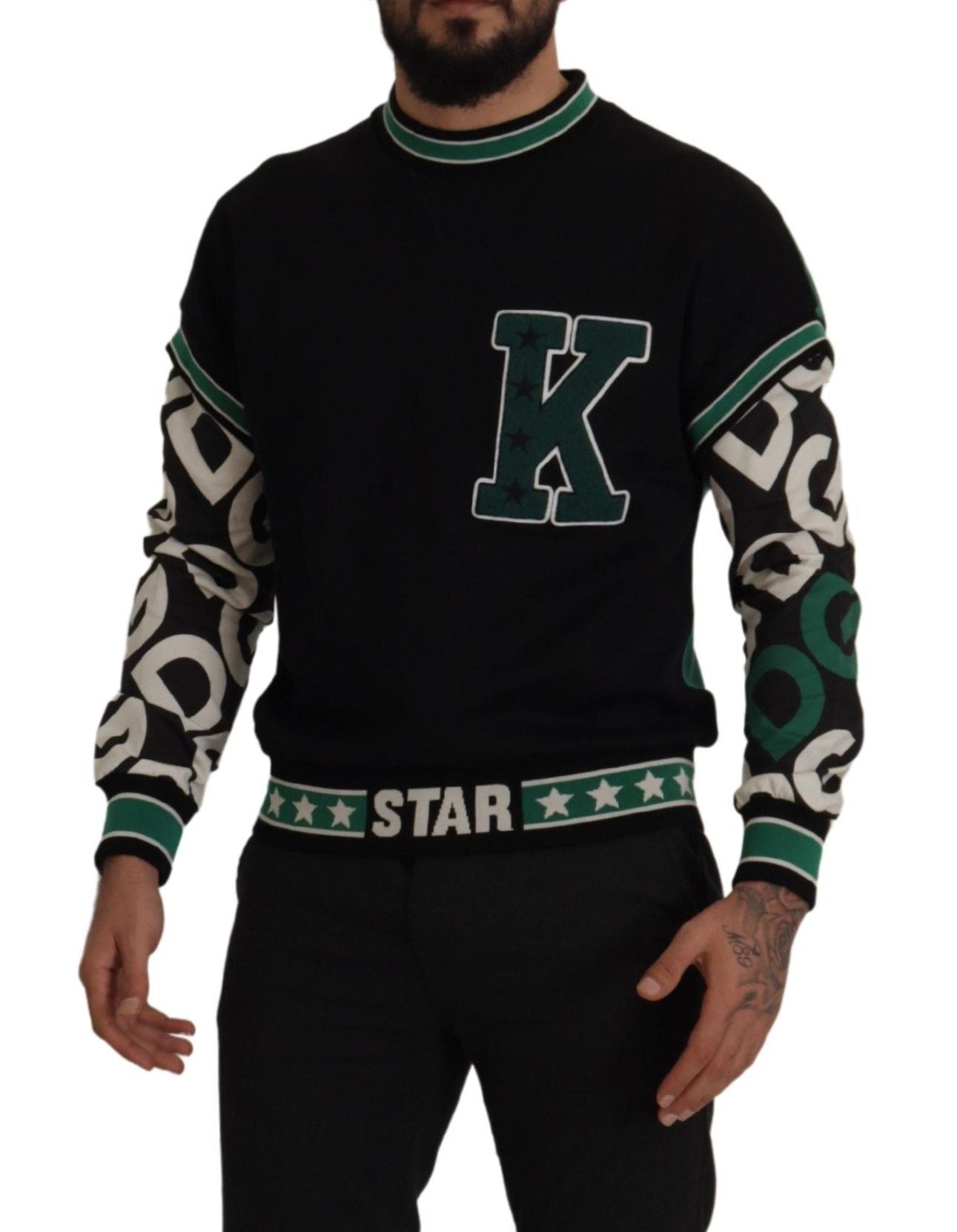 Dolce & Gabbana Black Green Cotton KING Star Crewneck Pullover Sweater by Dolce & Gabbana