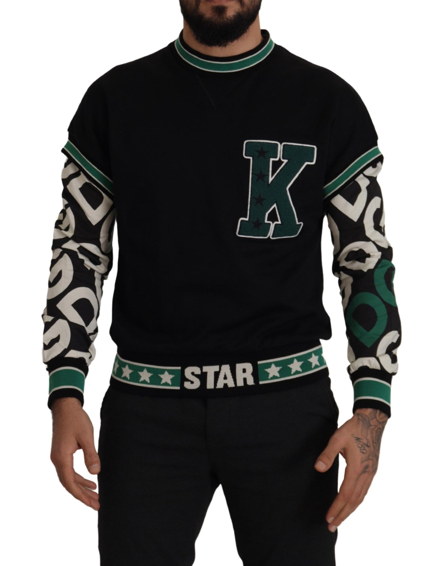 Dolce & Gabbana Black Green Cotton KING Star Crewneck Pullover Sweater by Dolce & Gabbana
