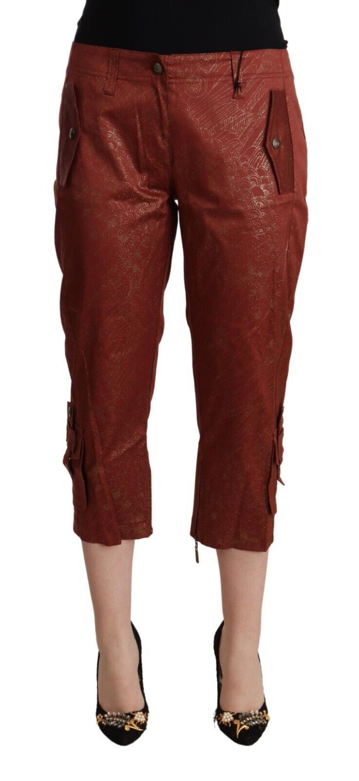 Just Cavalli Brown Lurex Mid Waist Cotton Cropped Capri Pants by Just Cavalli