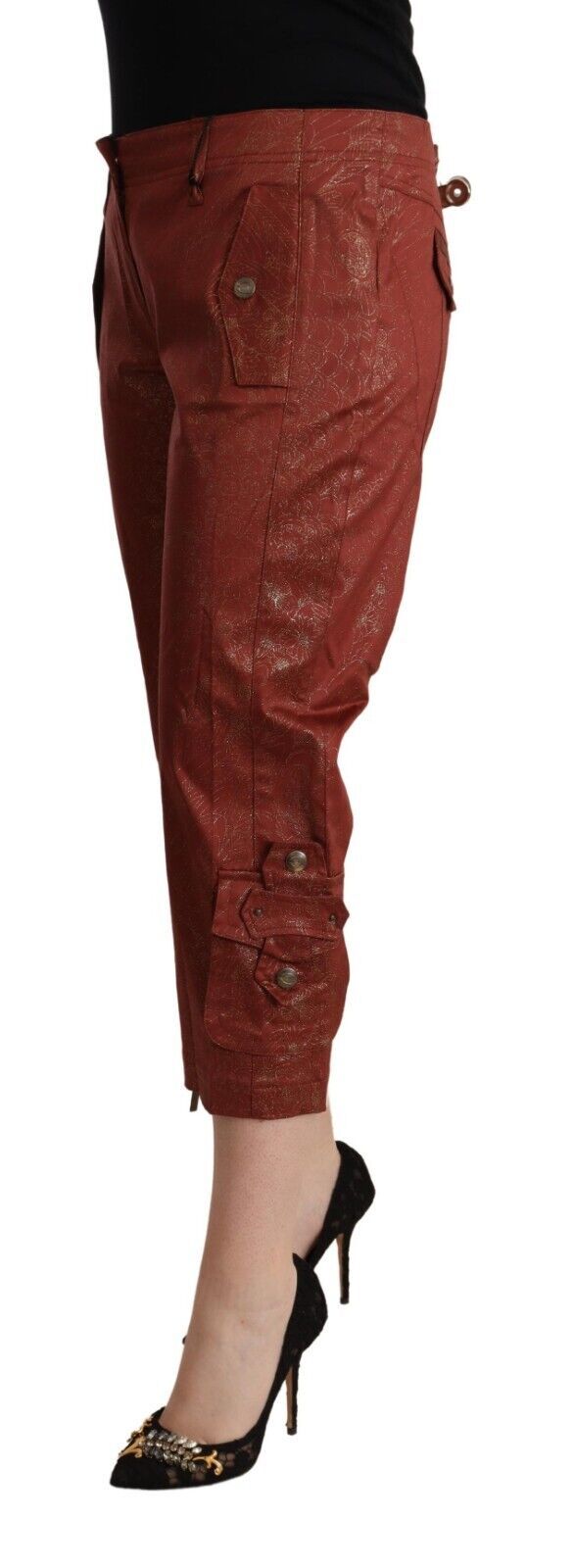 Just Cavalli Brown Lurex Mid Waist Cotton Cropped Capri Pants by Just Cavalli