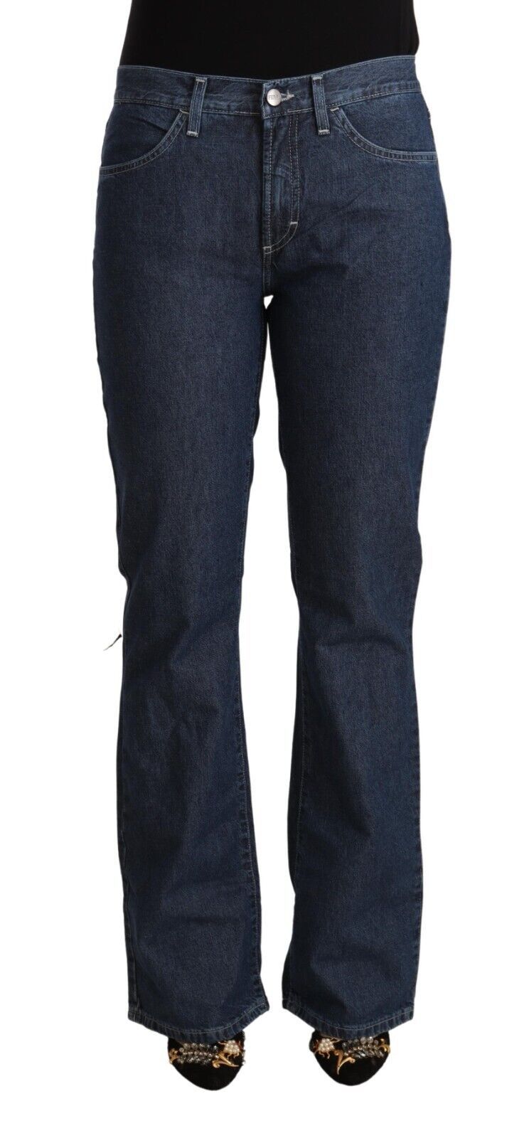 GF Ferre Blue Cotton Mid Waist Flared Denim Jeans by GF Ferre