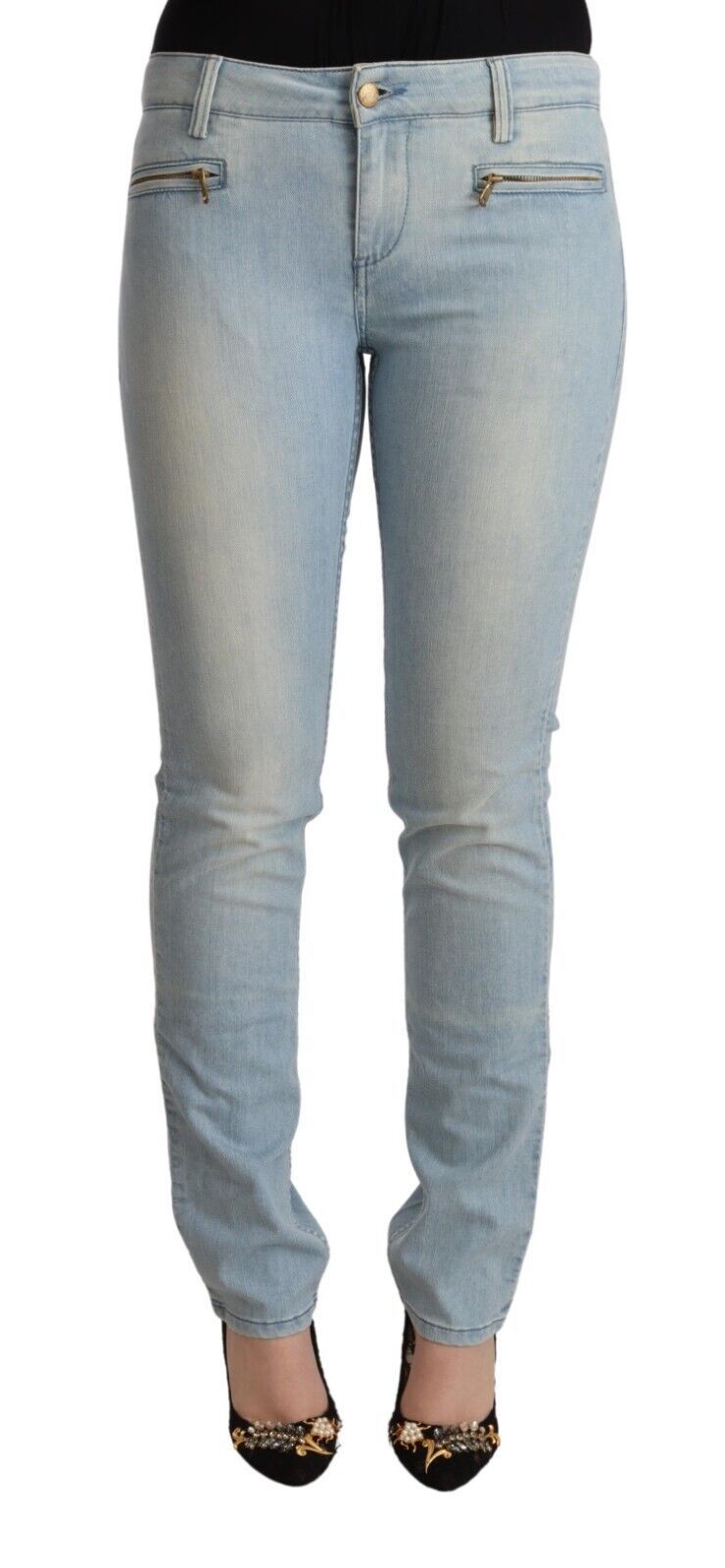 MILA SCHÖN Light Blue Cotton Mid Waist Slim Fit Denim Jeans by MILA SCHÖN