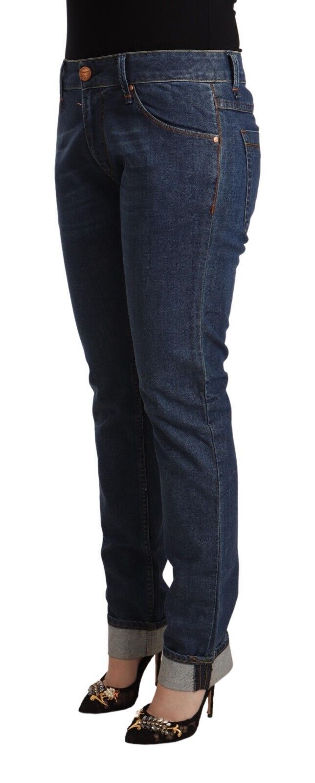Eight Dark Blue Cotton Slim Fit Folded Hem Denim Jeans