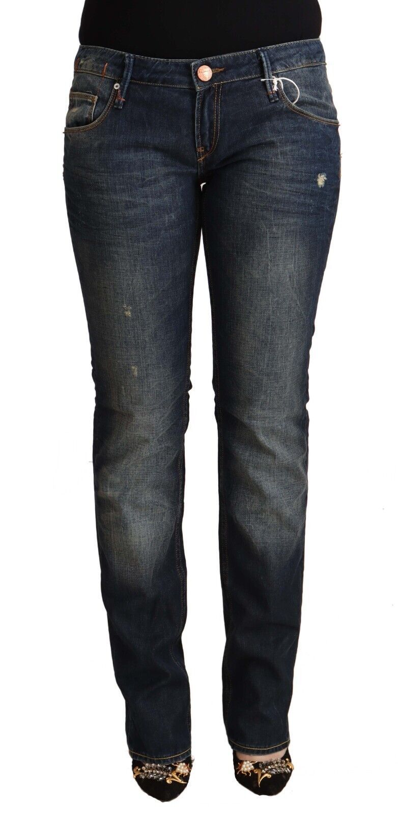 Eight Blue Washed Cotton Low Waist Skinny Denim Jeans