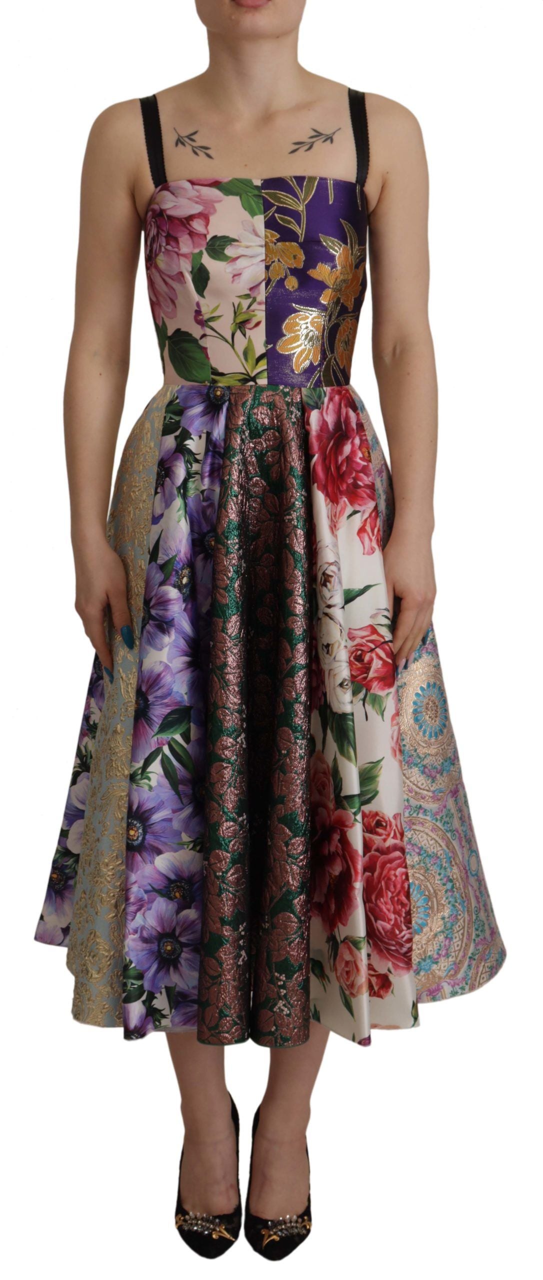 Dolce & Gabbana Dress Midi Patchwork Floral Jaquard Silk by Dolce & Gabbana