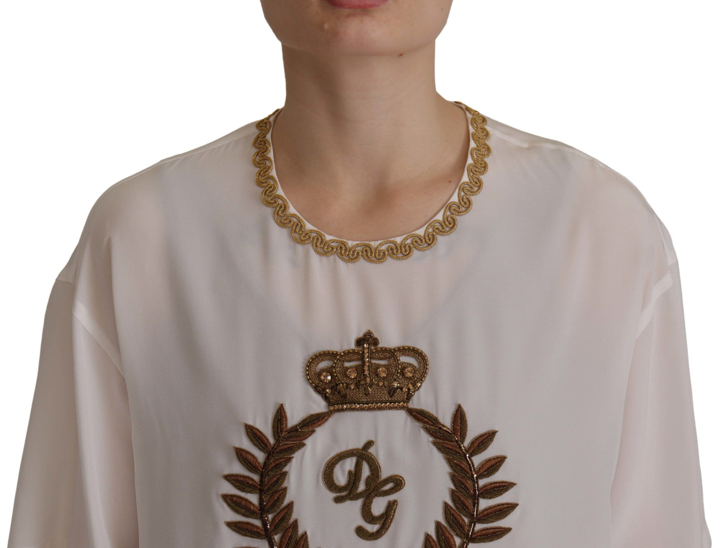 Dolce & Gabbana Élégant chemisier en soie avec broderie couronne dorée