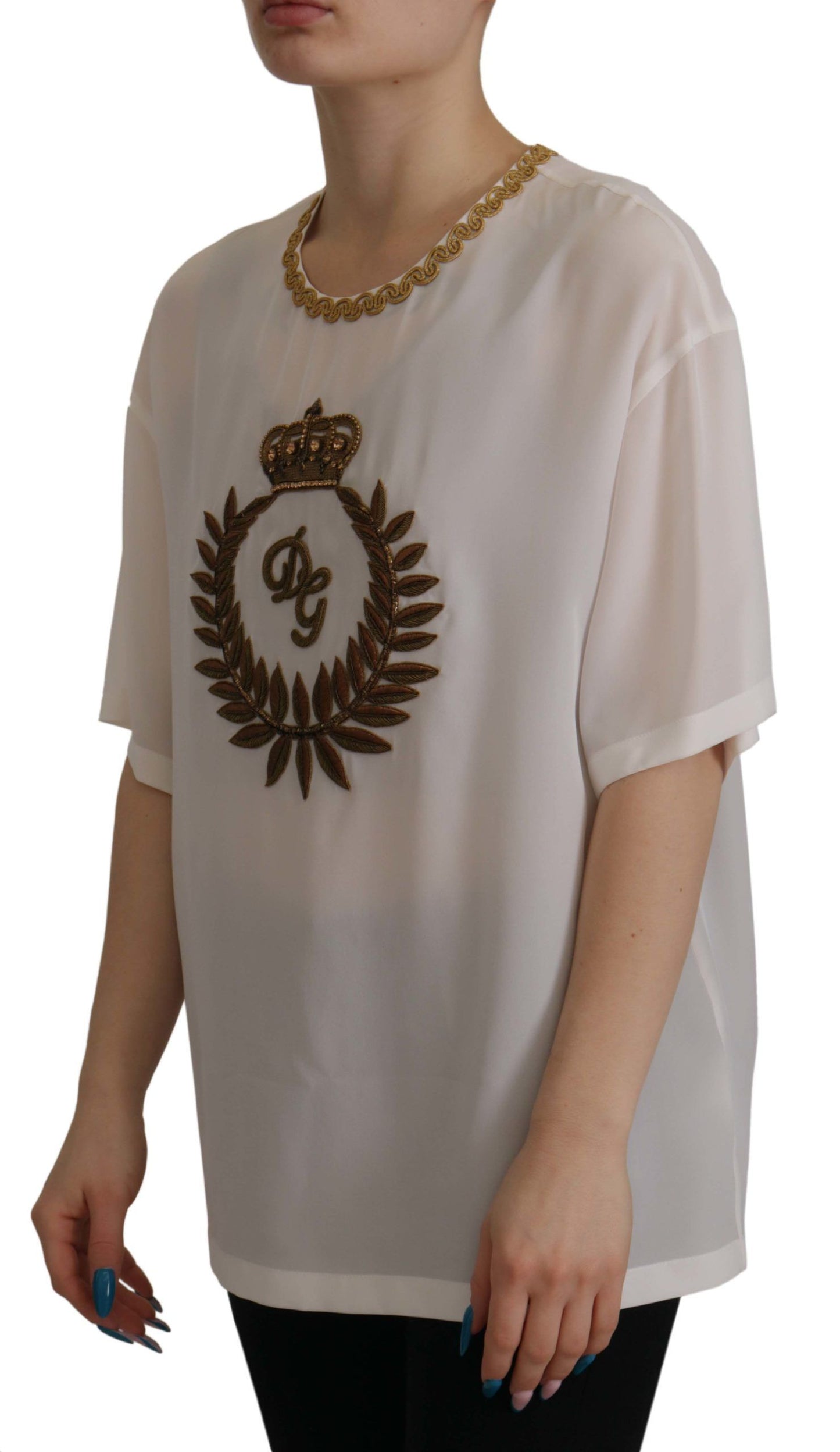 Dolce & Gabbana Élégant chemisier en soie avec broderie couronne dorée