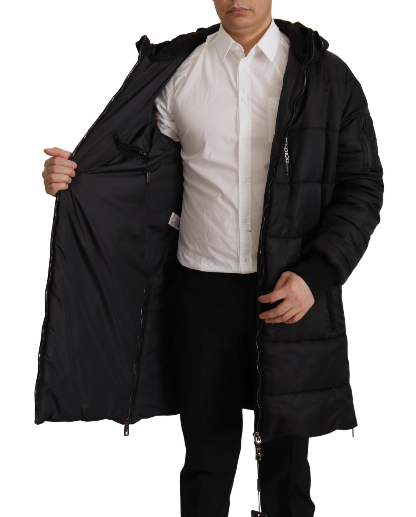 Dolce & Gabbana Élégante Parka à Capuche Noire Hiver