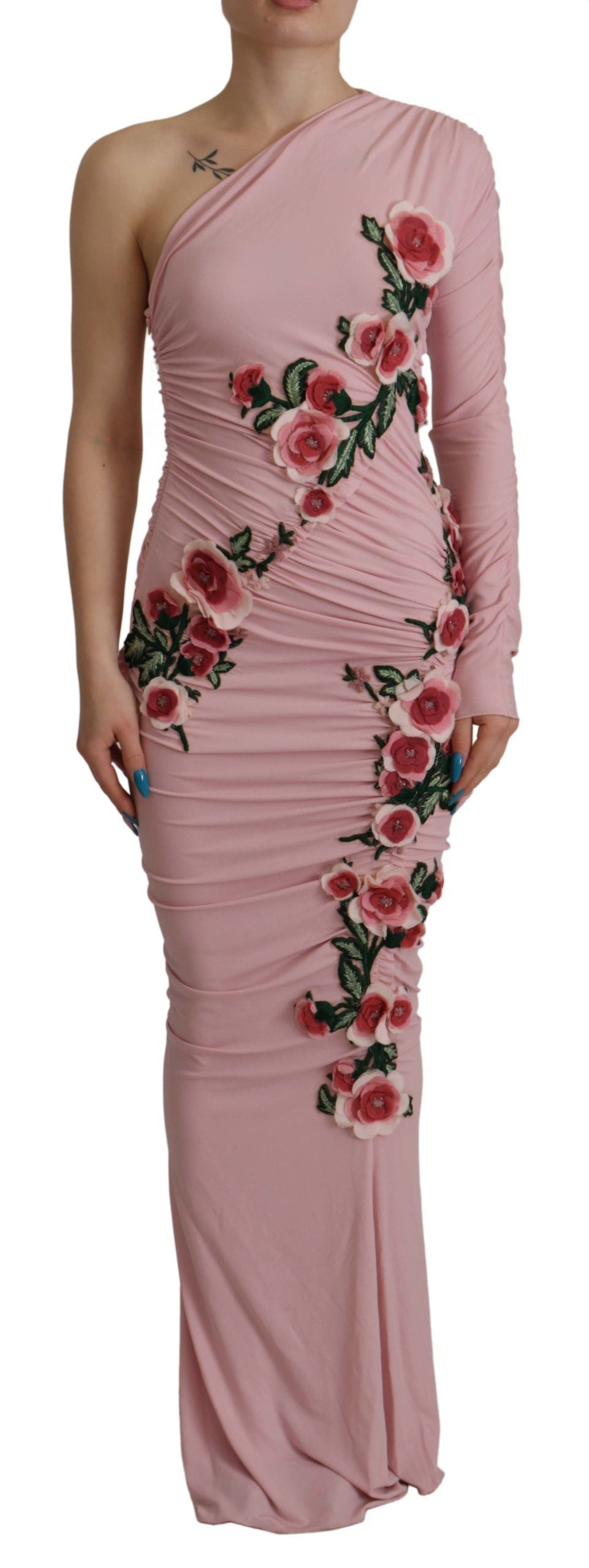 Dolce & Gabbana Pink Flower Embellished One Shoulder Dress by Dolce & Gabbana