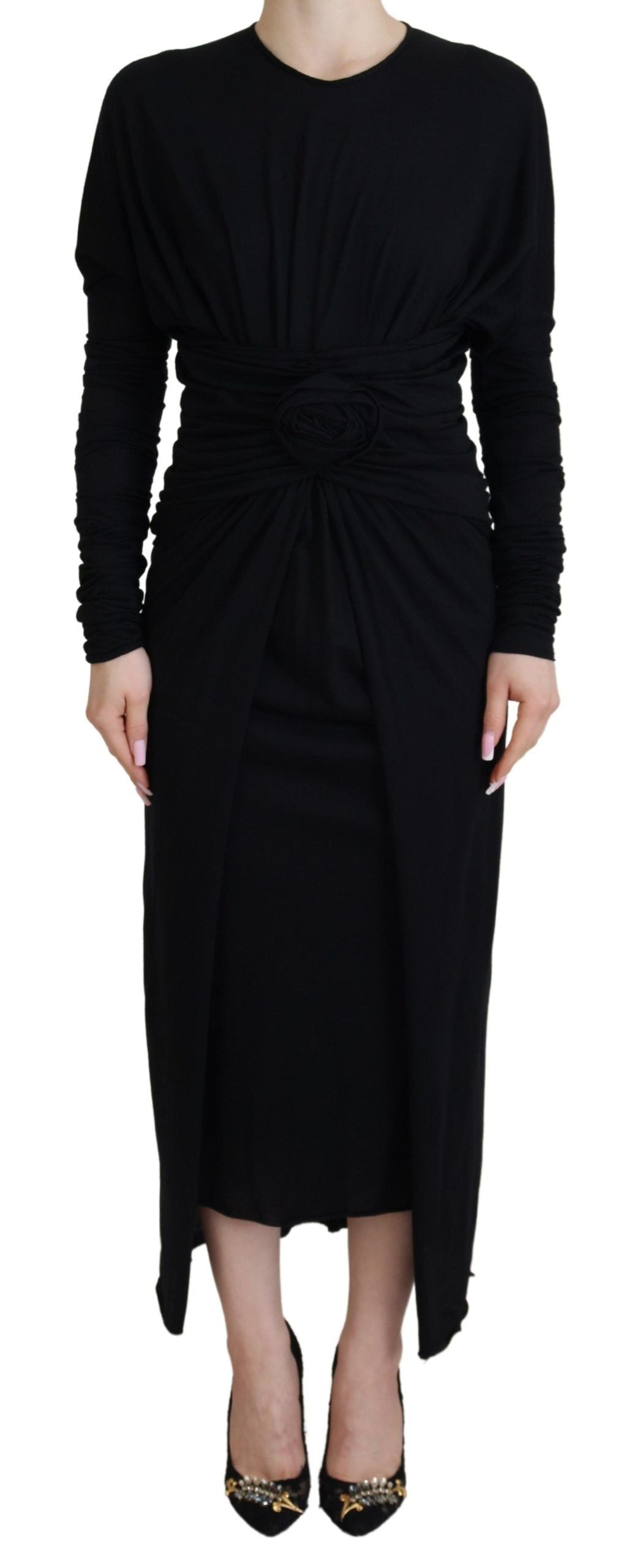 Dolce & Gabbana Black Sheath Midi Gown Wool Wrap Dress by Dolce & Gabbana