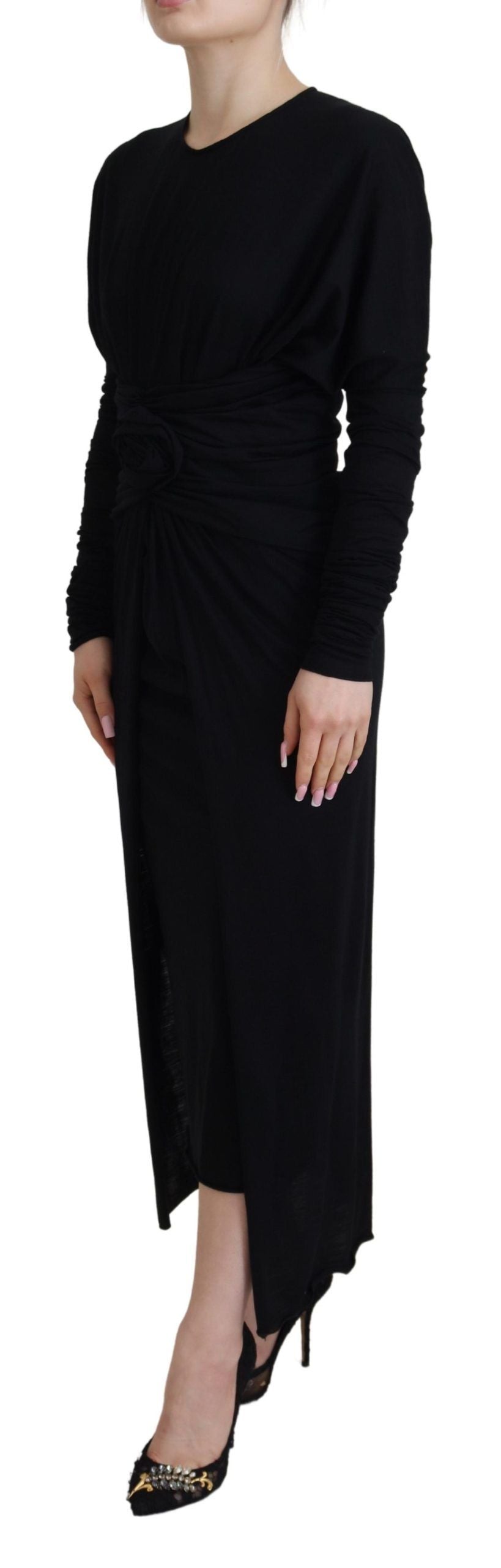 Dolce & Gabbana Black Sheath Midi Gown Wool Wrap Dress by Dolce & Gabbana