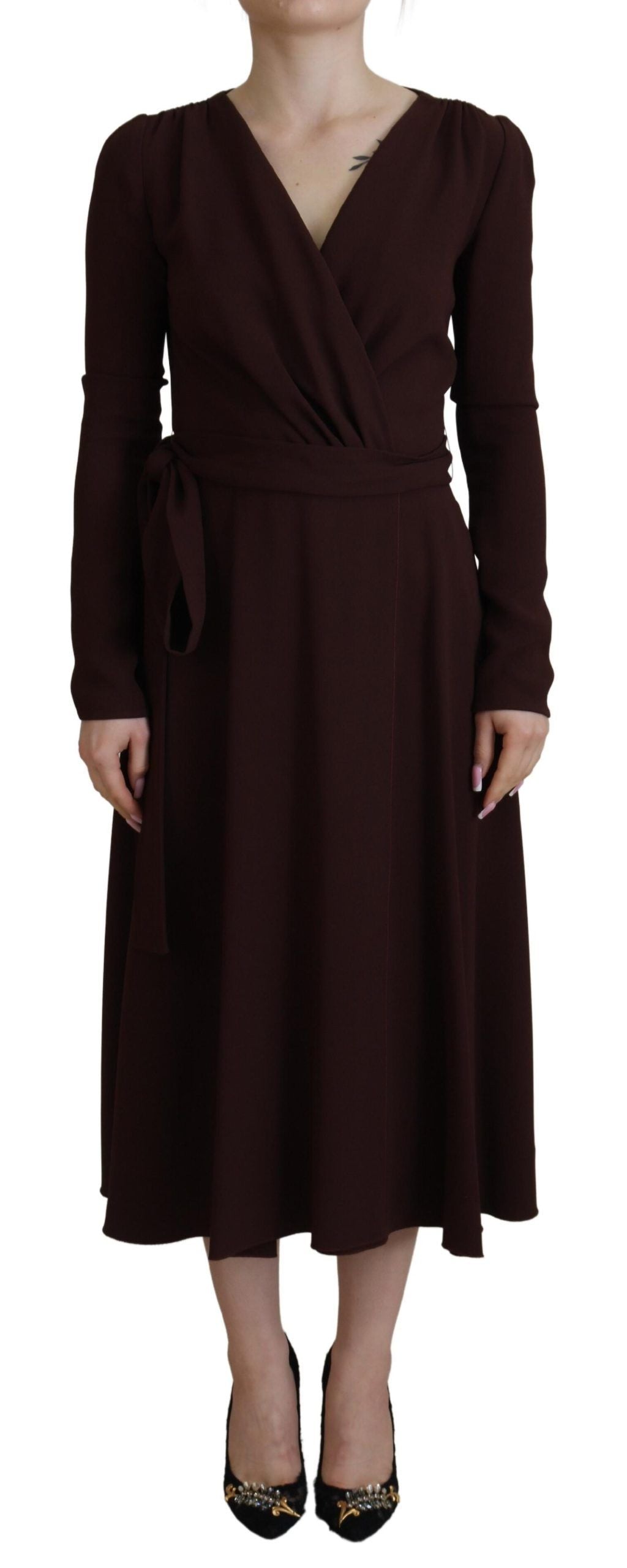 Dolce & Gabbana Brown Wrap Long Sleeve Midi Stretch Dress by Dolce & Gabbana