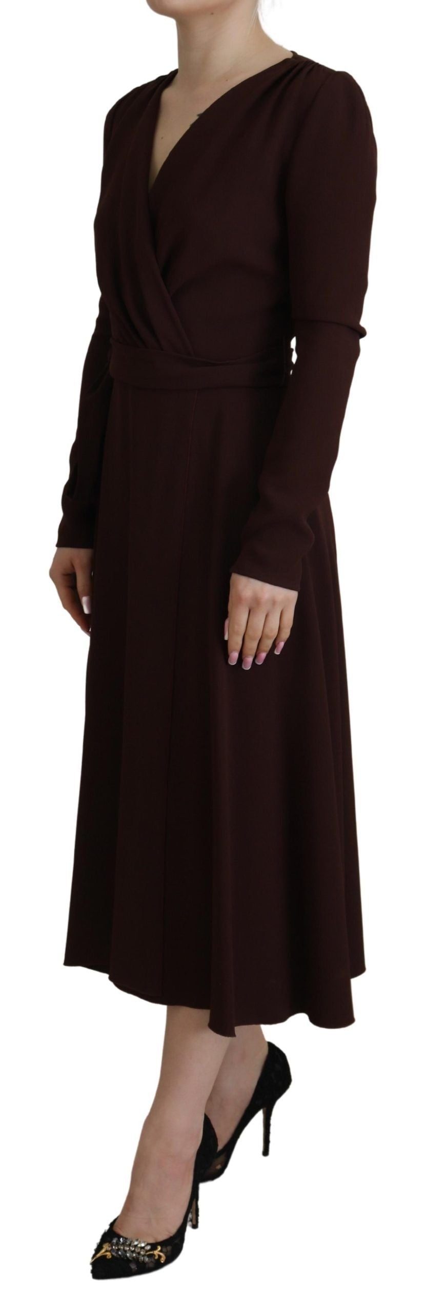 Dolce & Gabbana Brown Wrap Long Sleeve Midi Stretch Dress by Dolce & Gabbana