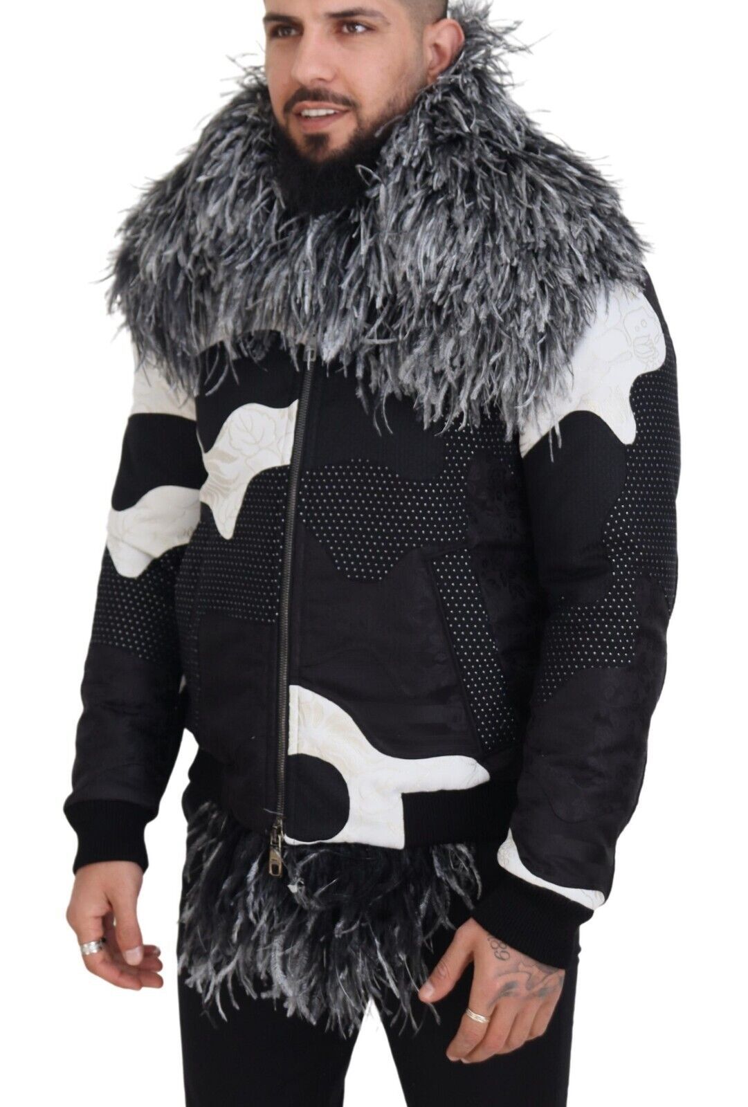 Dolce & Gabbana Élégante veste zippée en peau lainée noire et blanche