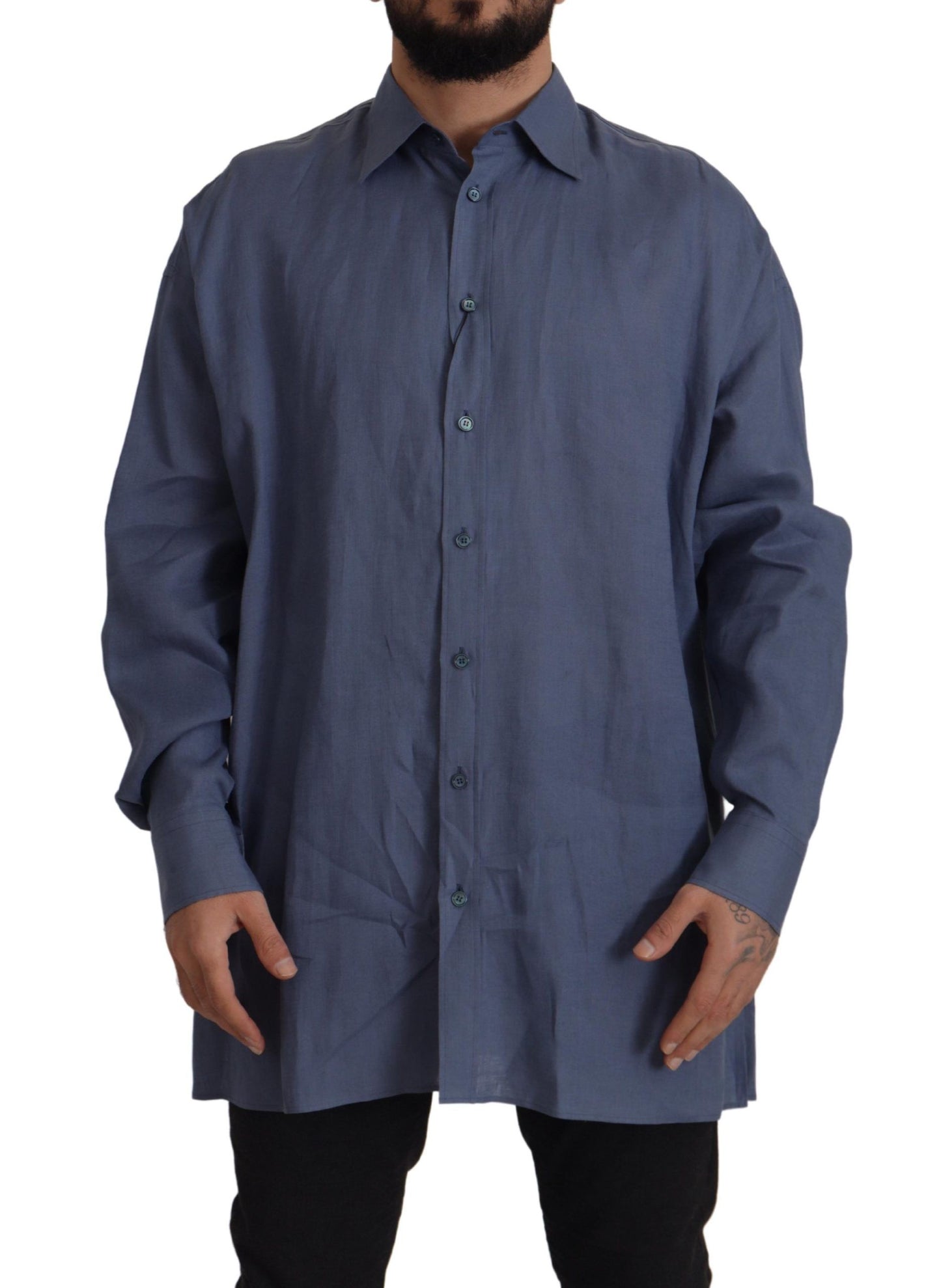 Dolce & Gabbana Dark Blue Linen Slim Fit Dress Formal Men Shirt by Dolce & Gabbana