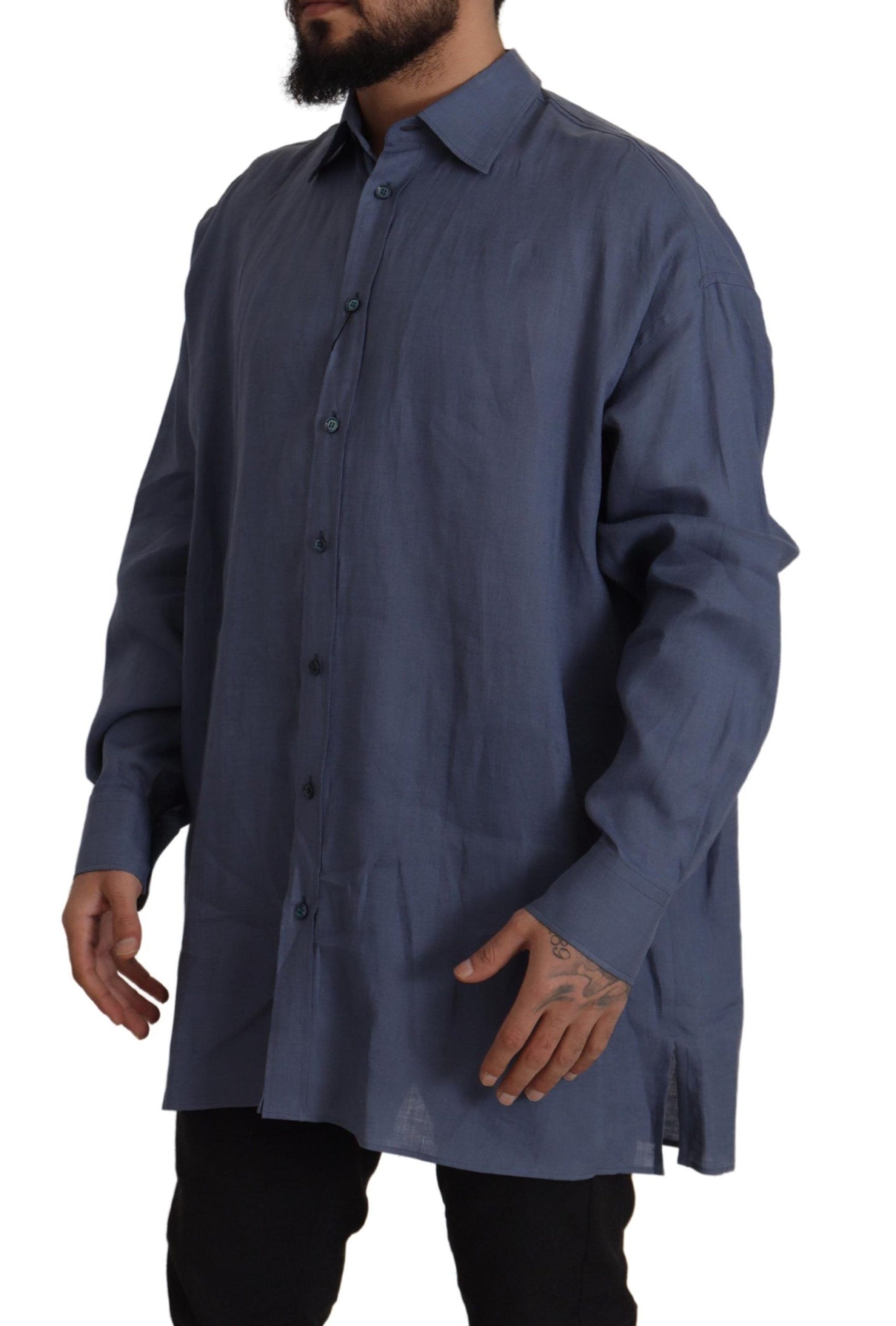Dolce & Gabbana Dark Blue Linen Slim Fit Dress Formal Men Shirt by Dolce & Gabbana