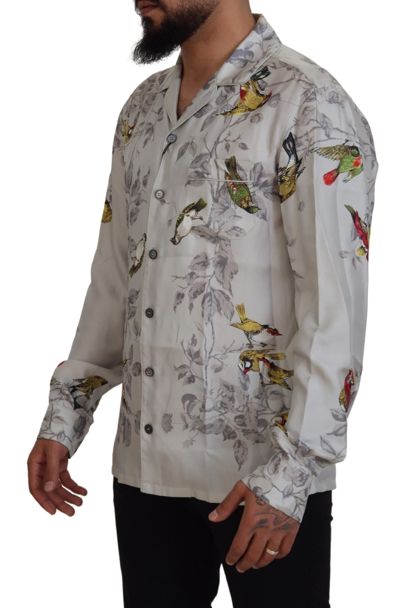 Dolce & Gabbana White Bird Print Silk Satin Casual Shirt by Dolce & Gabbana