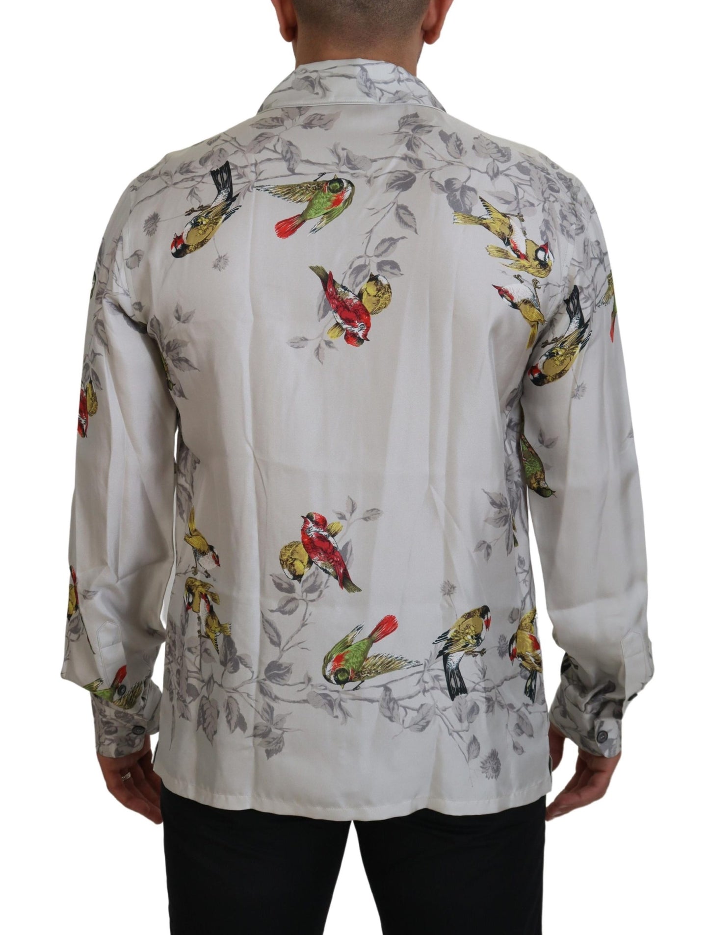 Dolce & Gabbana White Bird Print Silk Satin Casual Shirt by Dolce & Gabbana