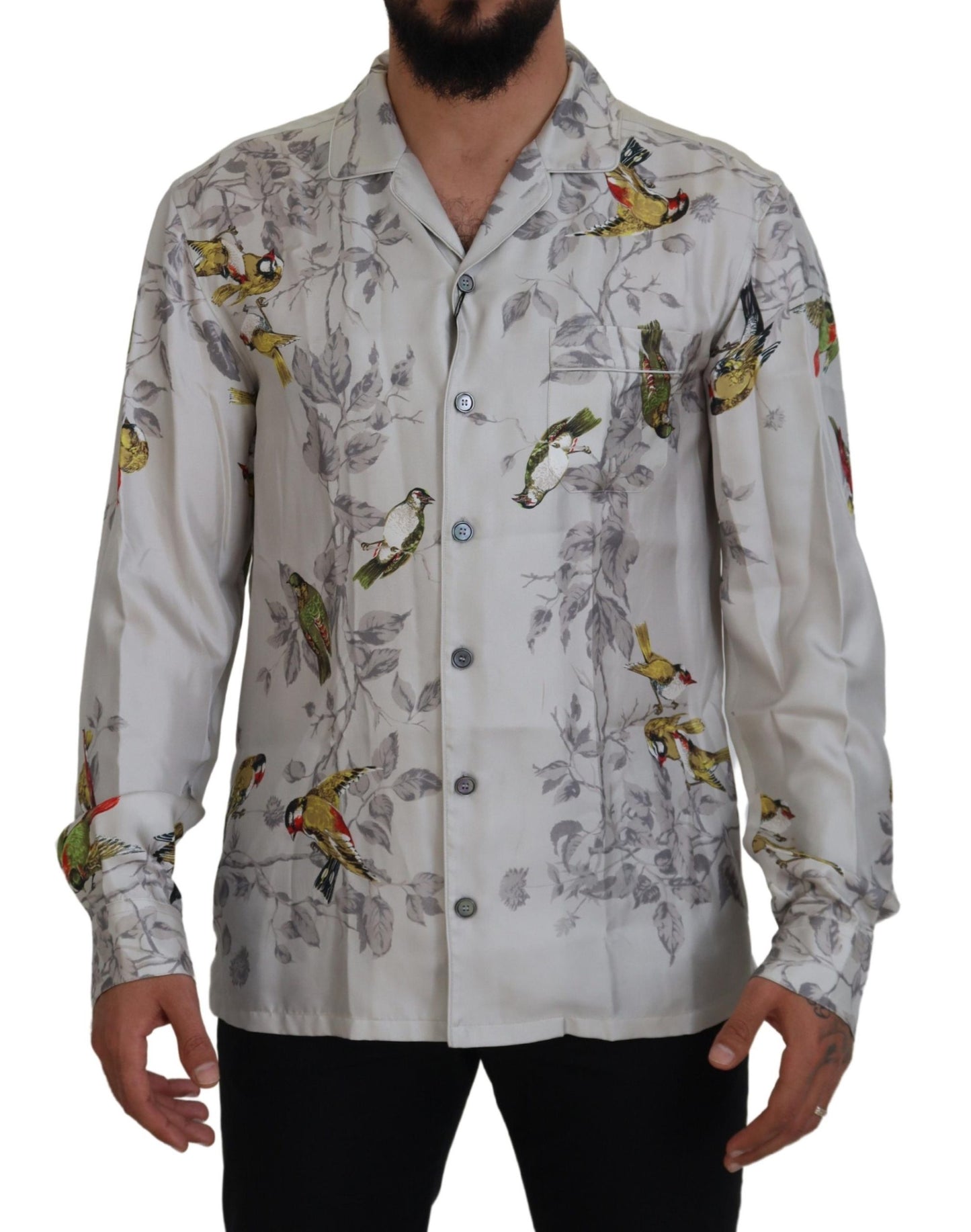 Dolce & Gabbana White Bird Print Silk Satin Casual Shirt by Dolce & Gabbana