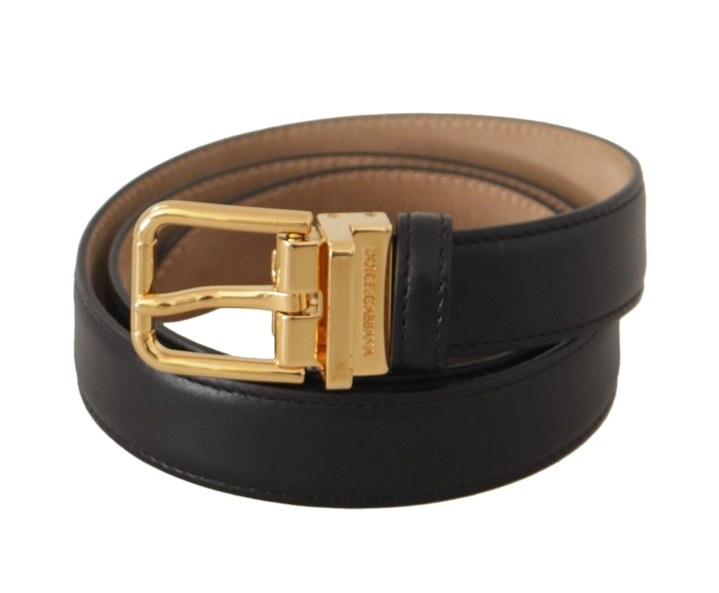 Ceinture élégante en cuir noir Dolce & Gabbana avec boucle en métal gravée