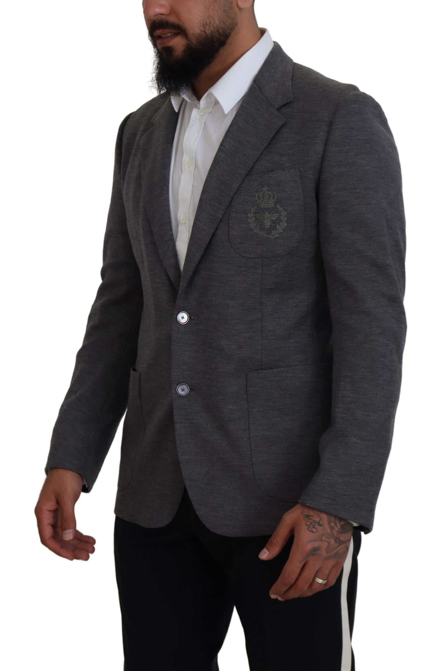 Blazer élégant en laine grise Dolce & Gabbana avec broderie couronne d'abeilles