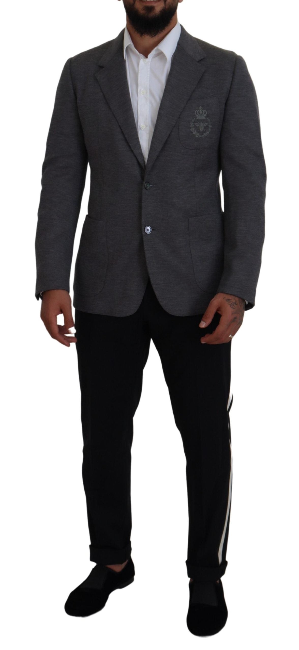 Blazer élégant en laine grise Dolce & Gabbana avec broderie couronne d'abeilles