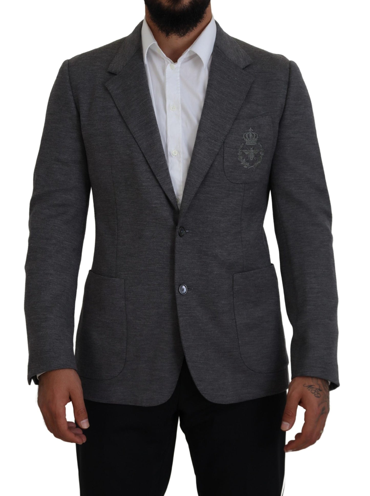 Blazer élégant en laine grise Dolce & Gabbana avec broderie couronne d'abeilles