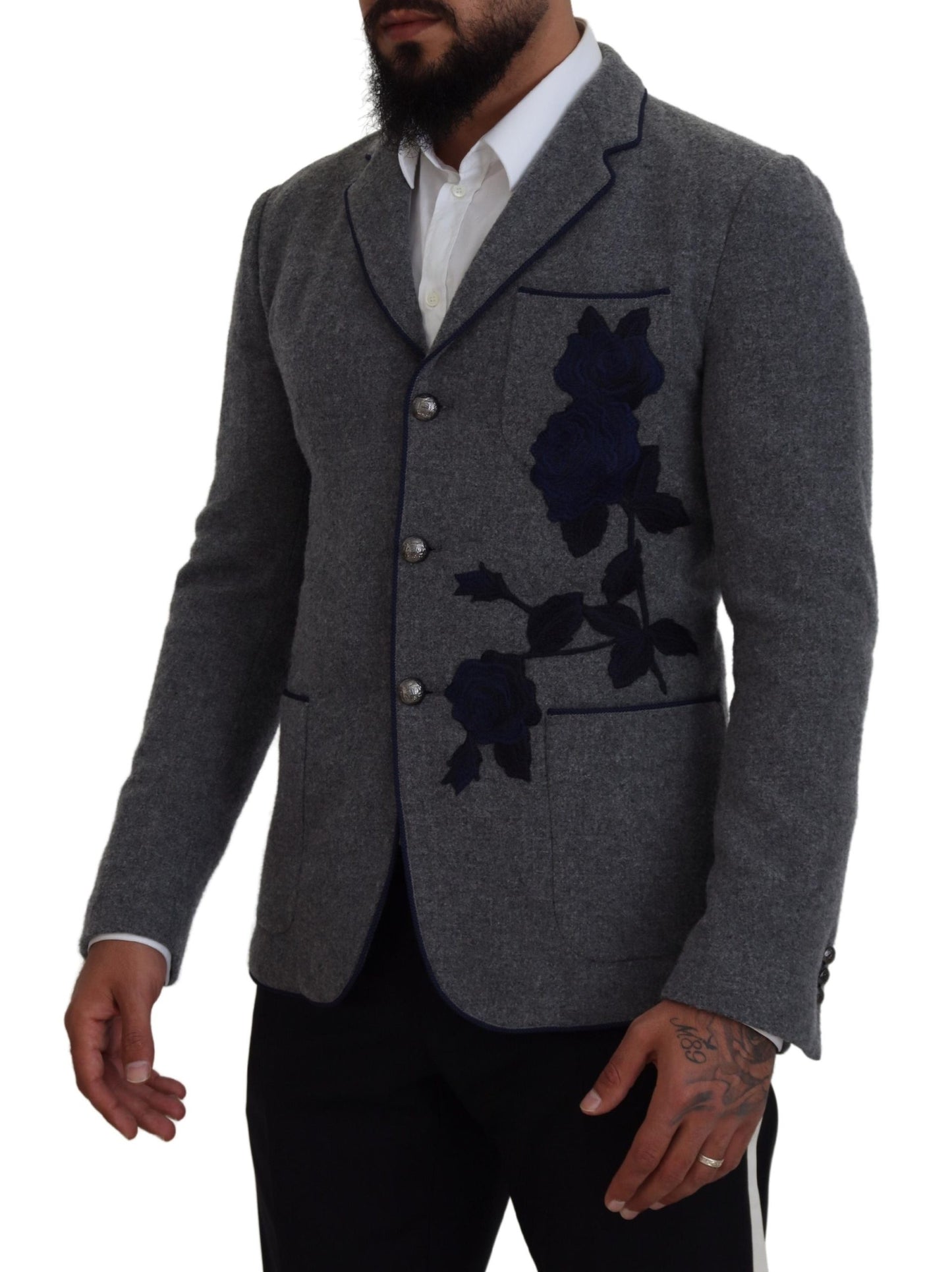 Blazer élégant en laine grise Dolce & Gabbana avec broderie rose bleue