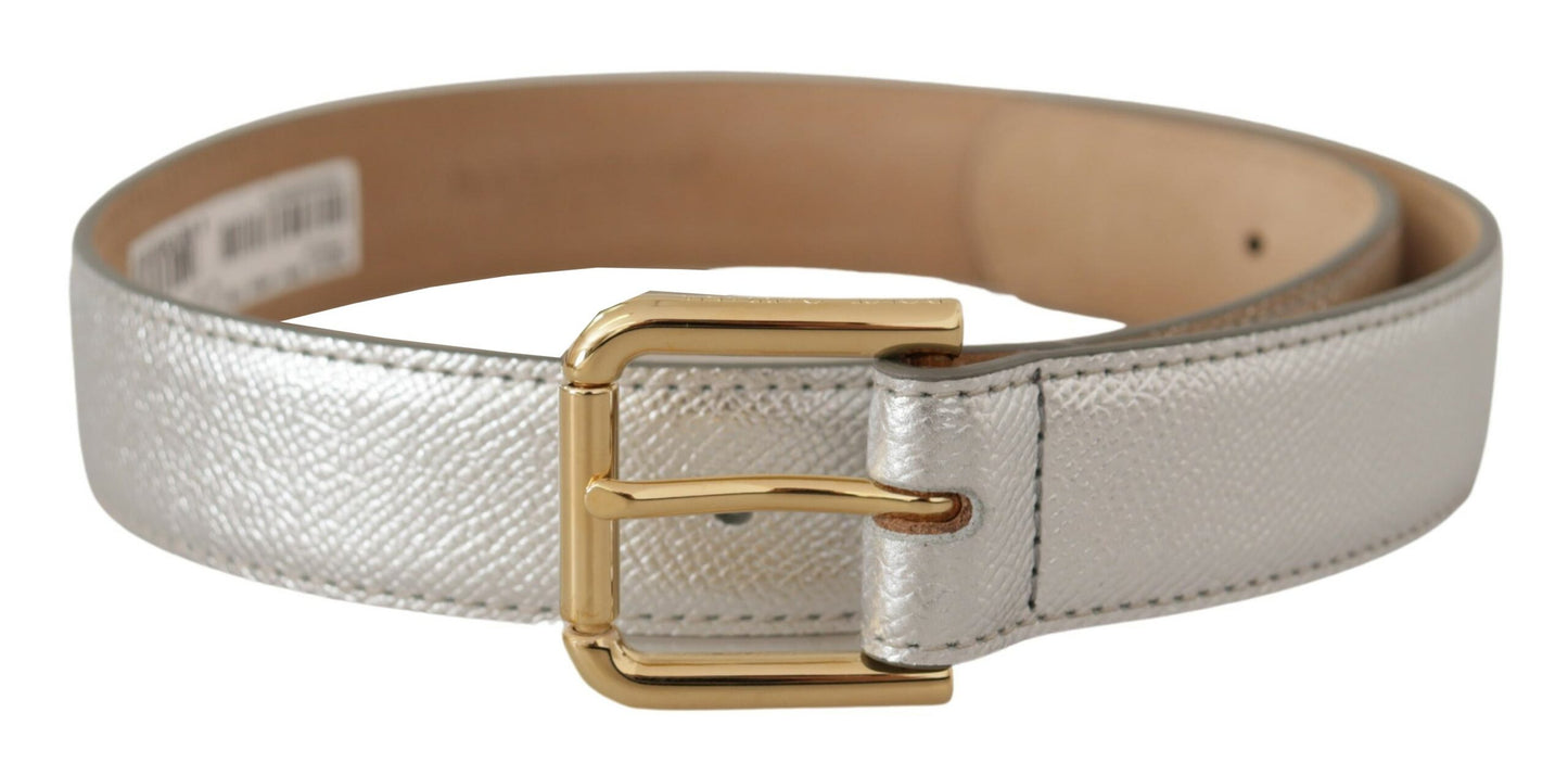 Ceinture élégante en cuir argenté Dolce & Gabbana avec boucle gravée