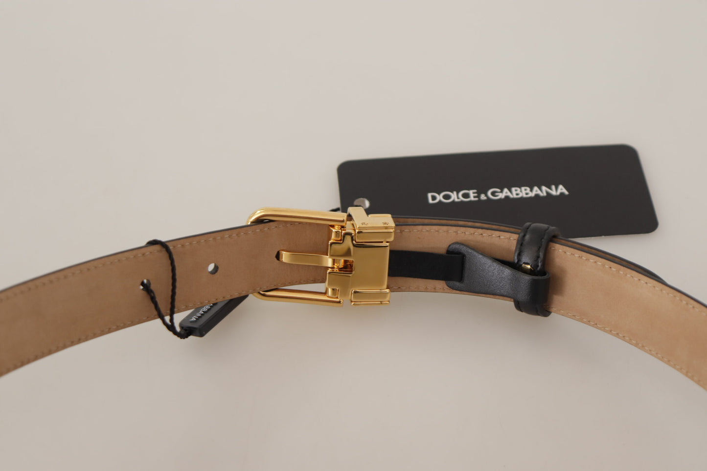 Ceinture élégante en cuir noir Dolce & Gabbana avec boucle gravée