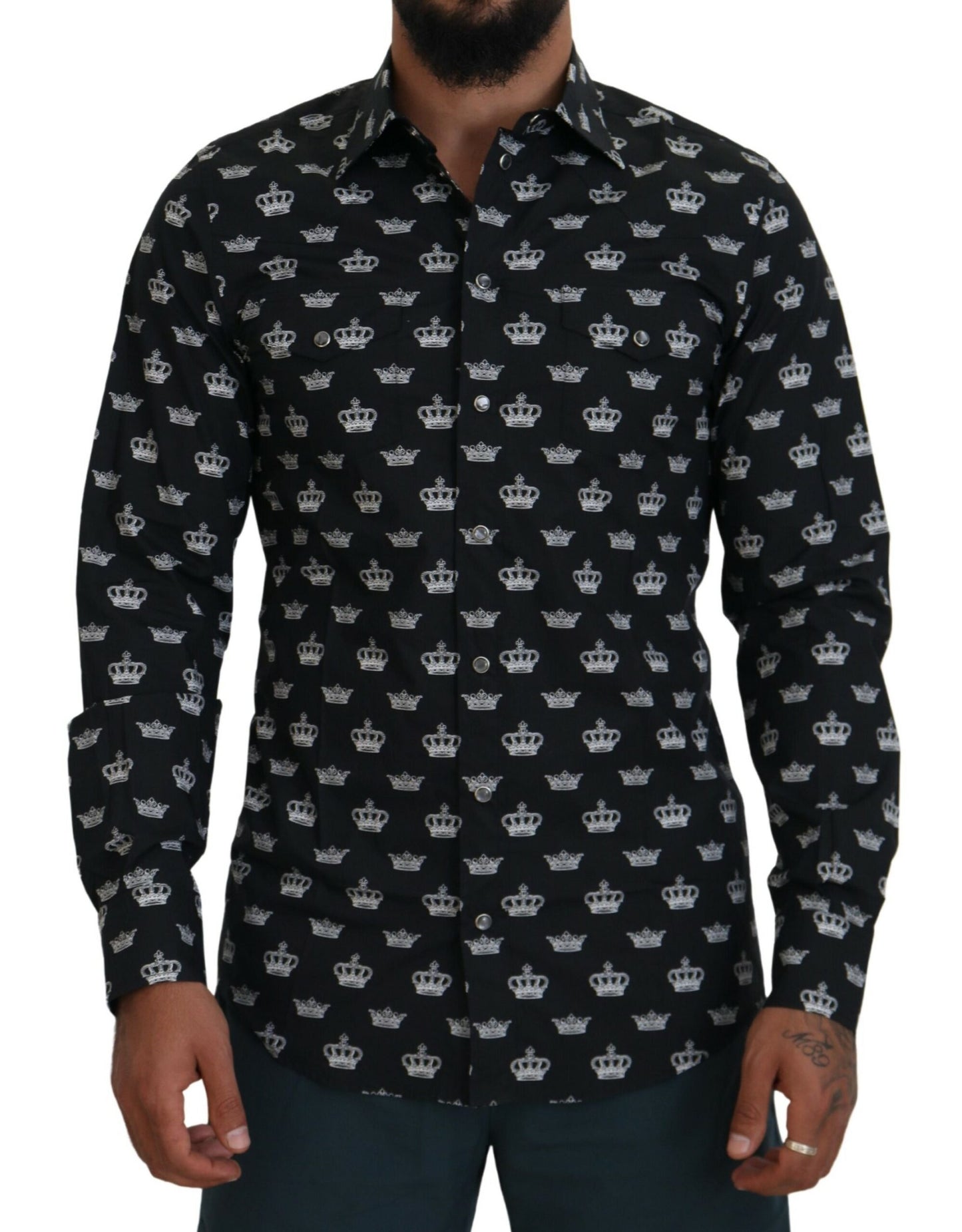 Dolce & Gabbana Black Crown Print GOLD Slim Shirt by Dolce & Gabbana