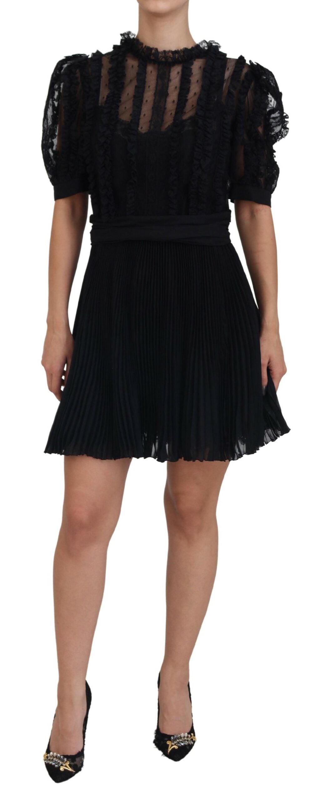 Dolce & Gabbana Black Lace Trim A-line Mini Nylon Dress by Dolce & Gabbana