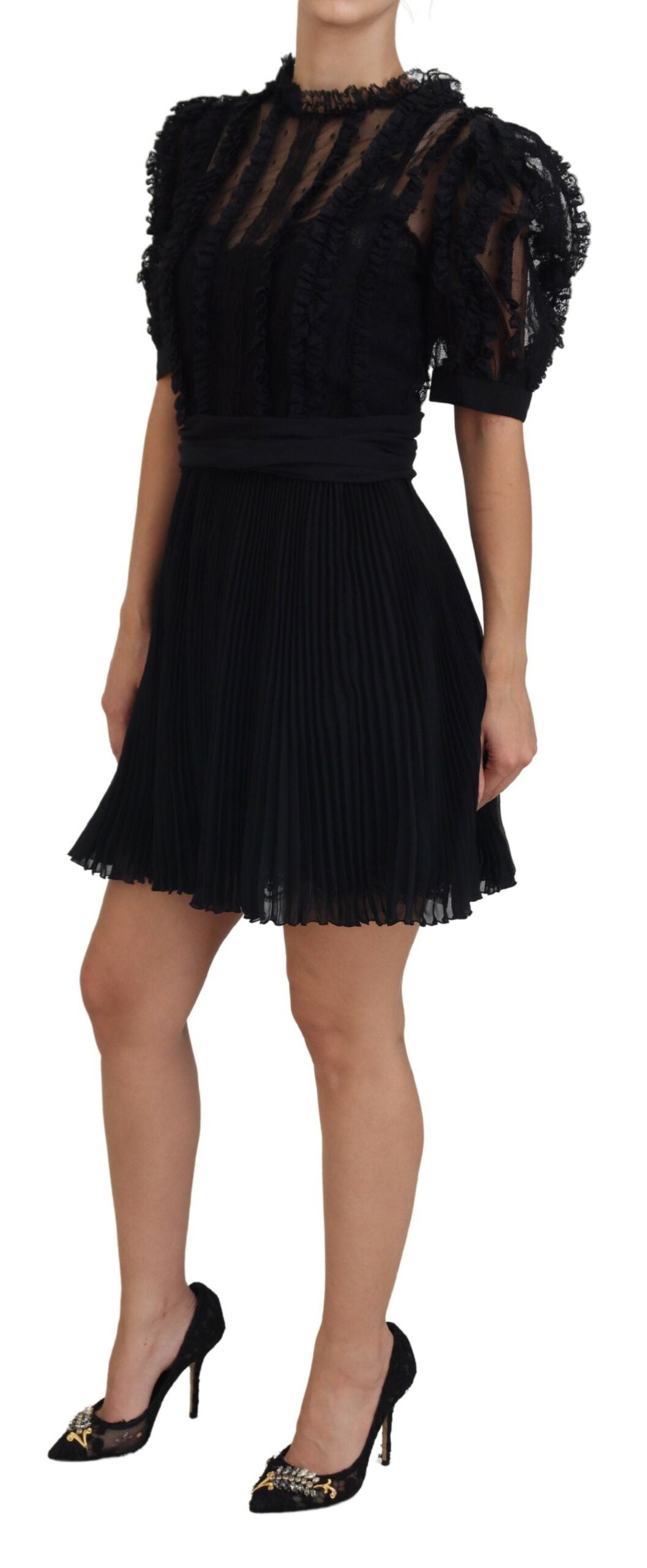 Dolce & Gabbana Black Lace Trim A-line Mini Nylon Dress by Dolce & Gabbana