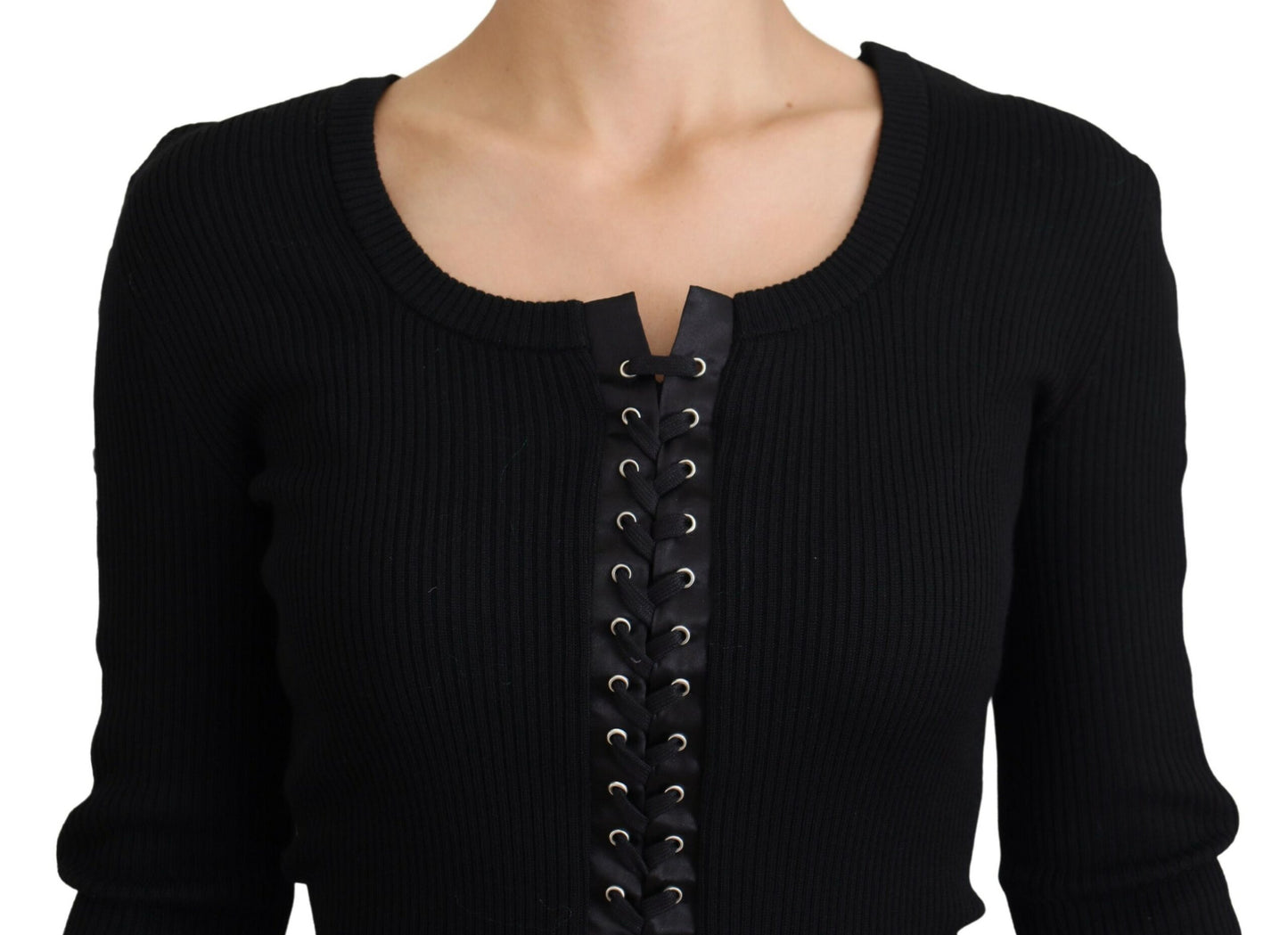 Dolce & Gabbana Black Wool Knitted Tie Up Slim Fit Sweater by Dolce & Gabbana