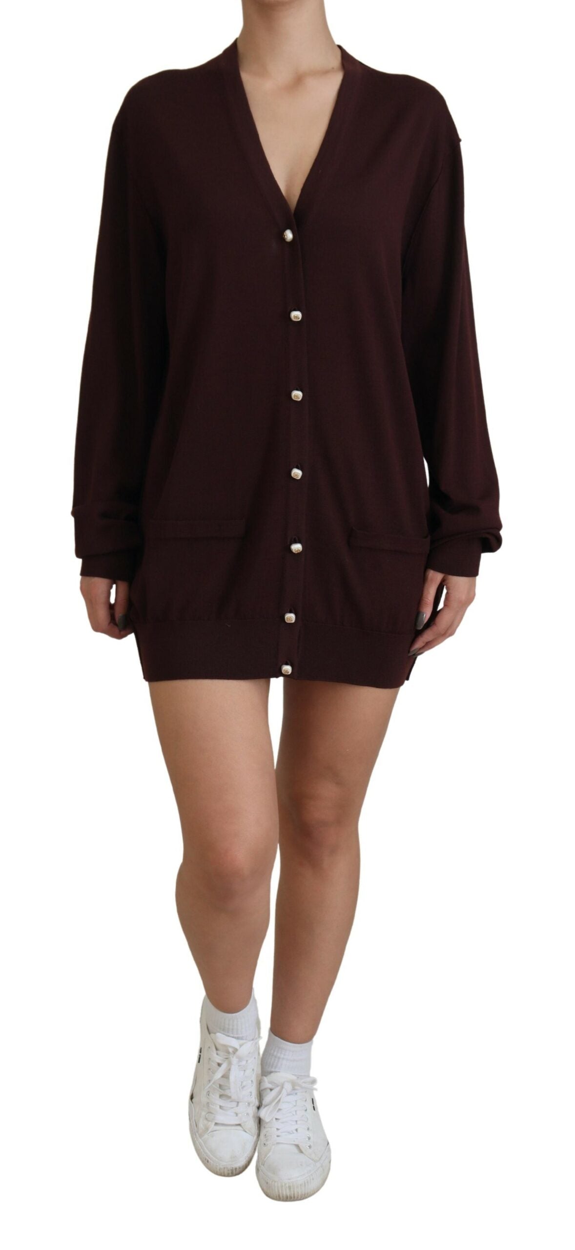 Dolce & Gabbana Maroon Wool Knit Deep V-neck Cardigan Sweater by Dolce & Gabbana