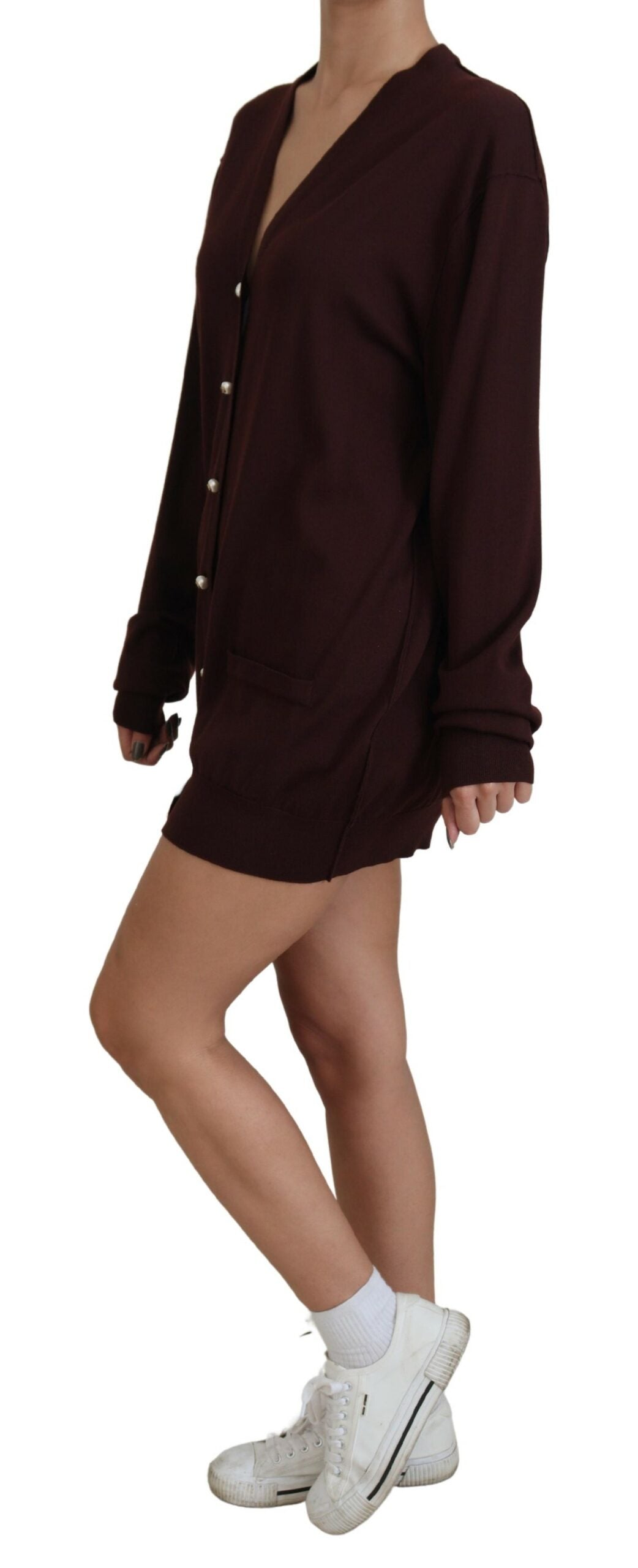 Dolce & Gabbana Maroon Wool Knit Deep V-neck Cardigan Sweater by Dolce & Gabbana