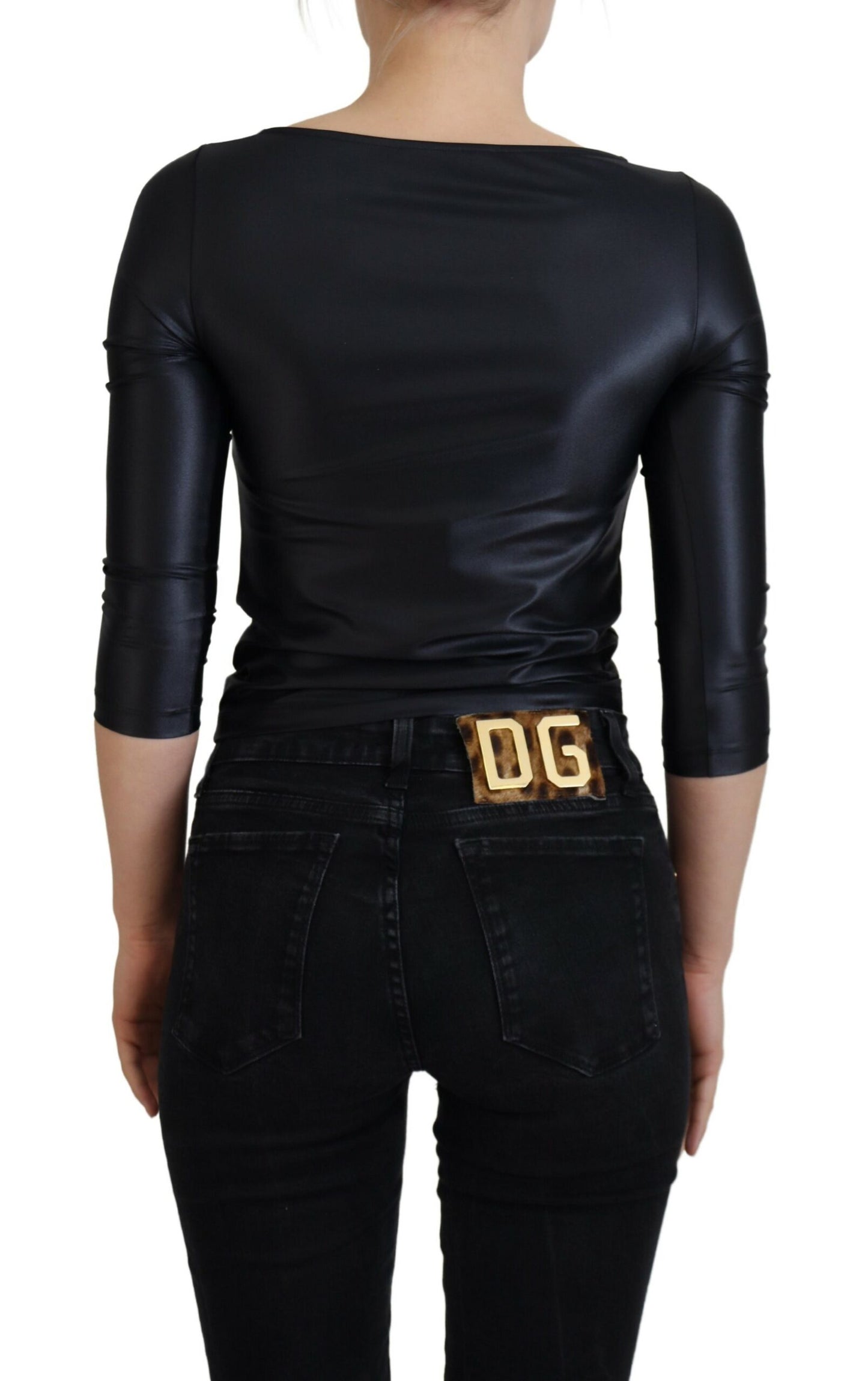 Dolce & Gabbana - Élégant haut noir à manches 3/4 avec détails dorés