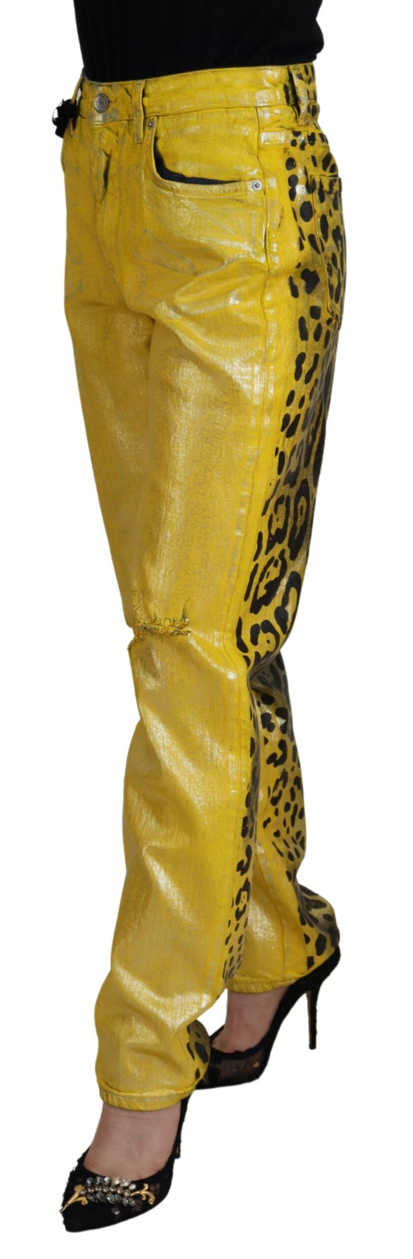 Dolce & Gabbana Yellow Leopard Cotton Straight Denim Jeans by Dolce & Gabbana