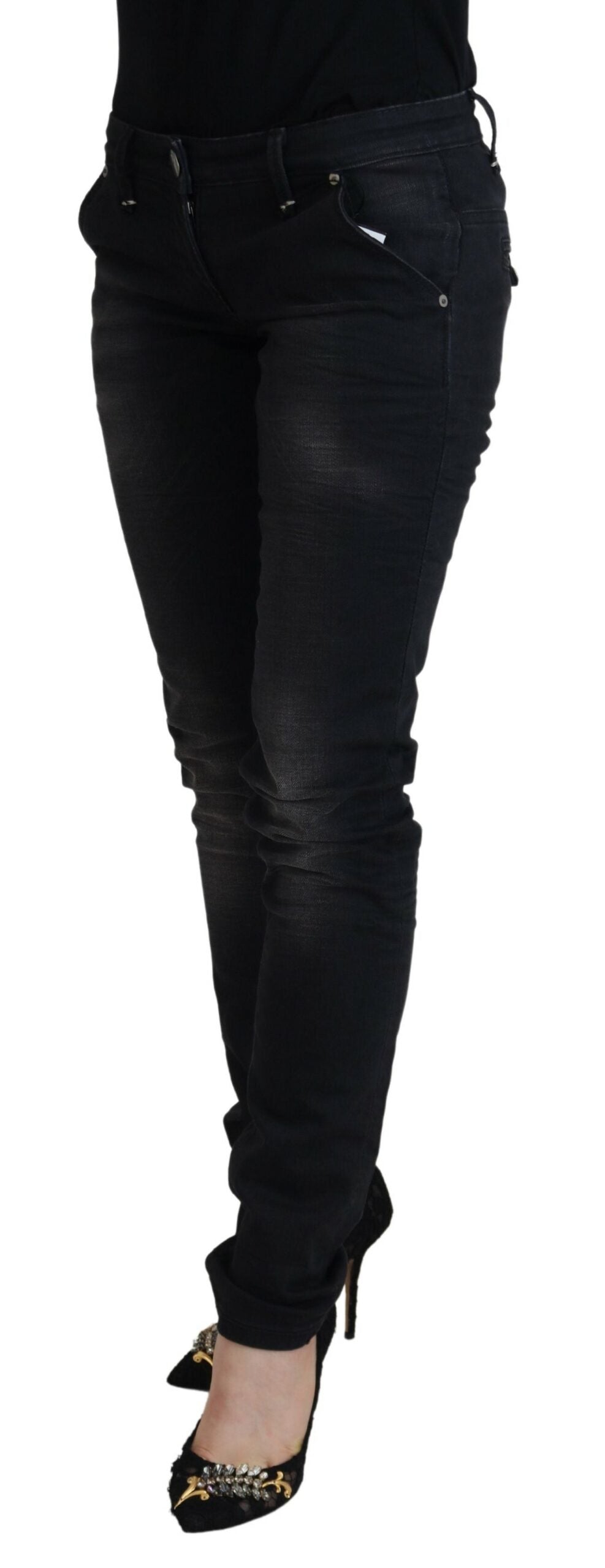 Huit jeans skinny taille basse délavés noirs élégants
