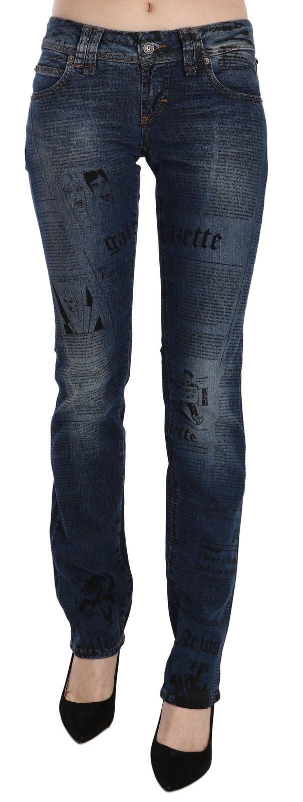 John Galliano Blue Newspaper Print Low Waist Skinny Denim Pants by John Galliano