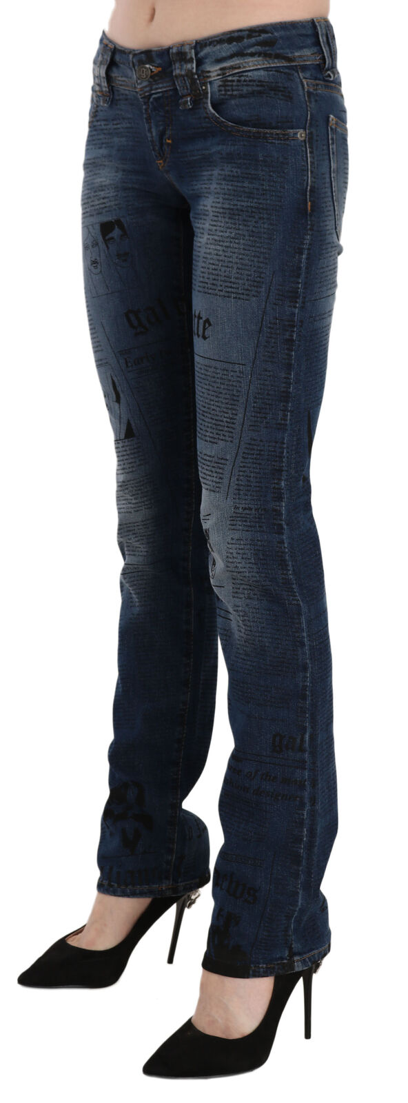 John Galliano Blue Newspaper Print Low Waist Skinny Denim Pants by John Galliano