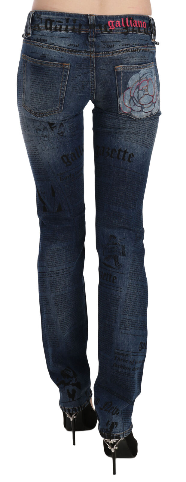 John Galliano Blue Newspaper Print Low Waist Skinny Denim Pants by John Galliano