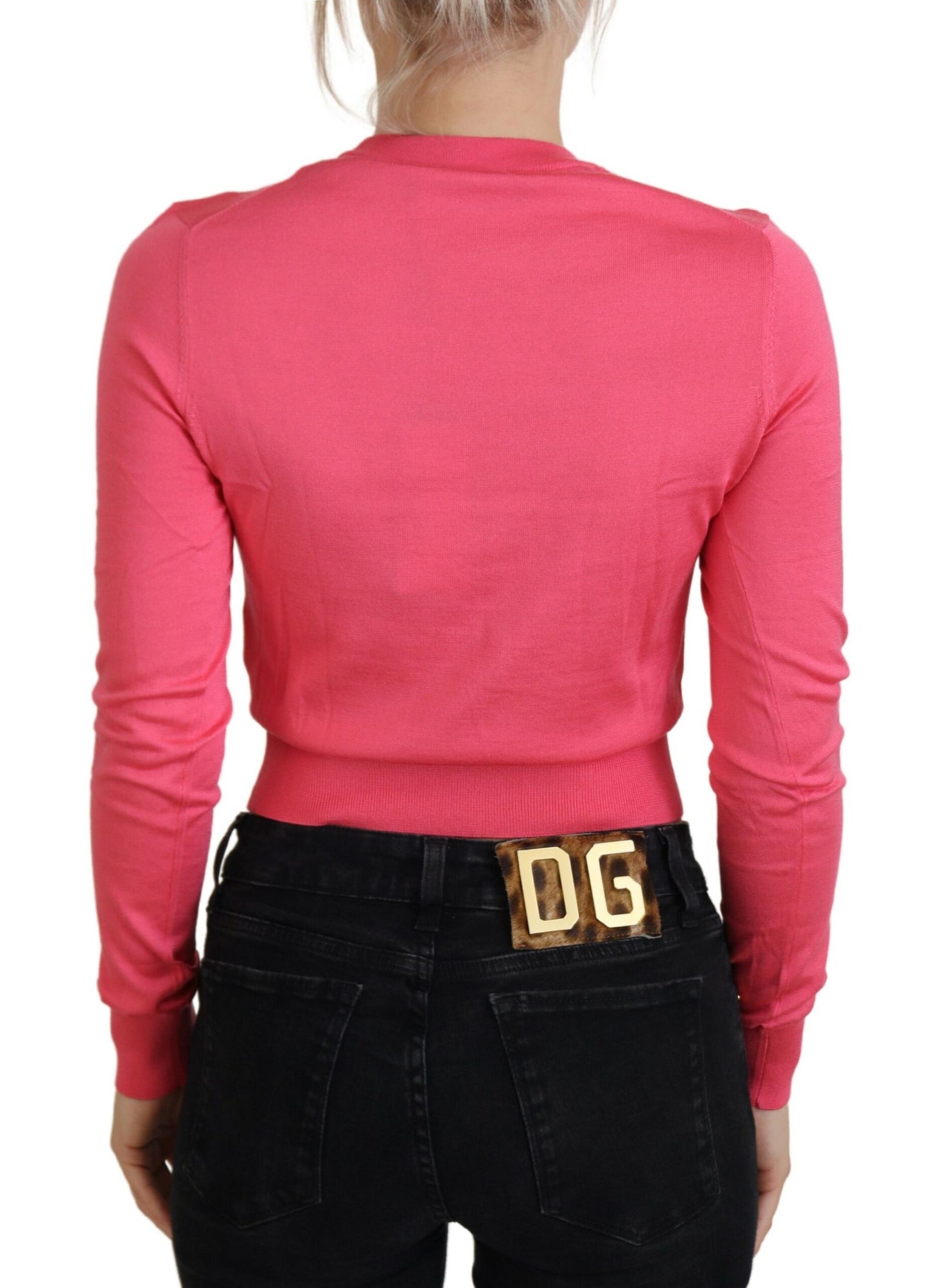 Dolce & Gabbana Pink Silk Cropped Crewneck Pullover Sweater by Dolce & Gabbana