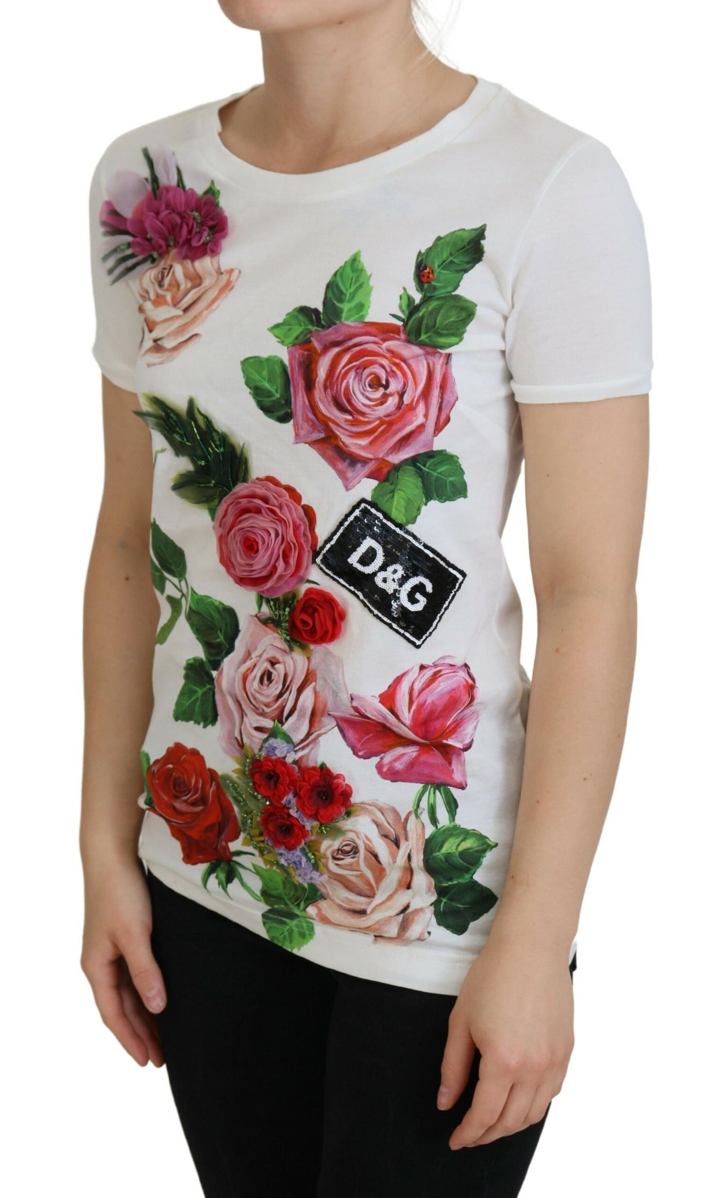 T-shirt élégant en coton à imprimé roses multicolores Dolce & Gabbana