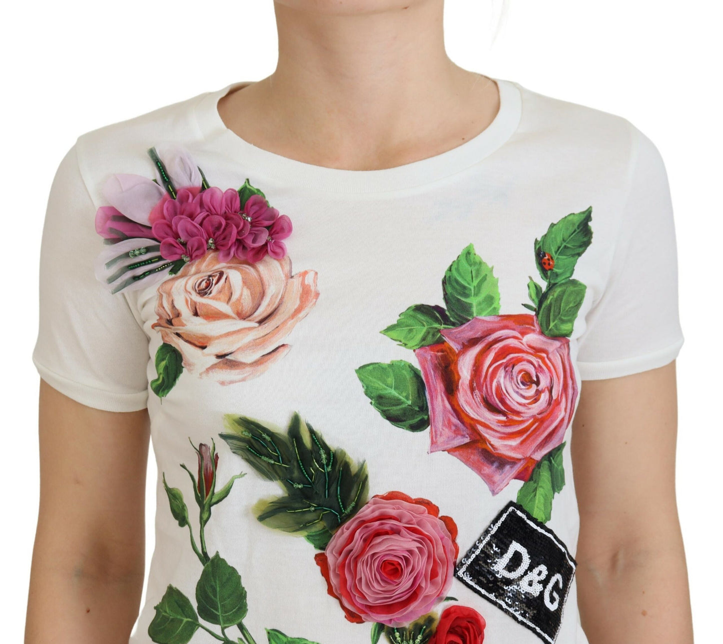 T-shirt élégant en coton à imprimé roses multicolores Dolce & Gabbana