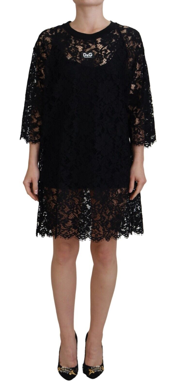 Dolce & Gabbana Black Floral Lace Cotton Shift Mini Dress by Dolce & Gabbana
