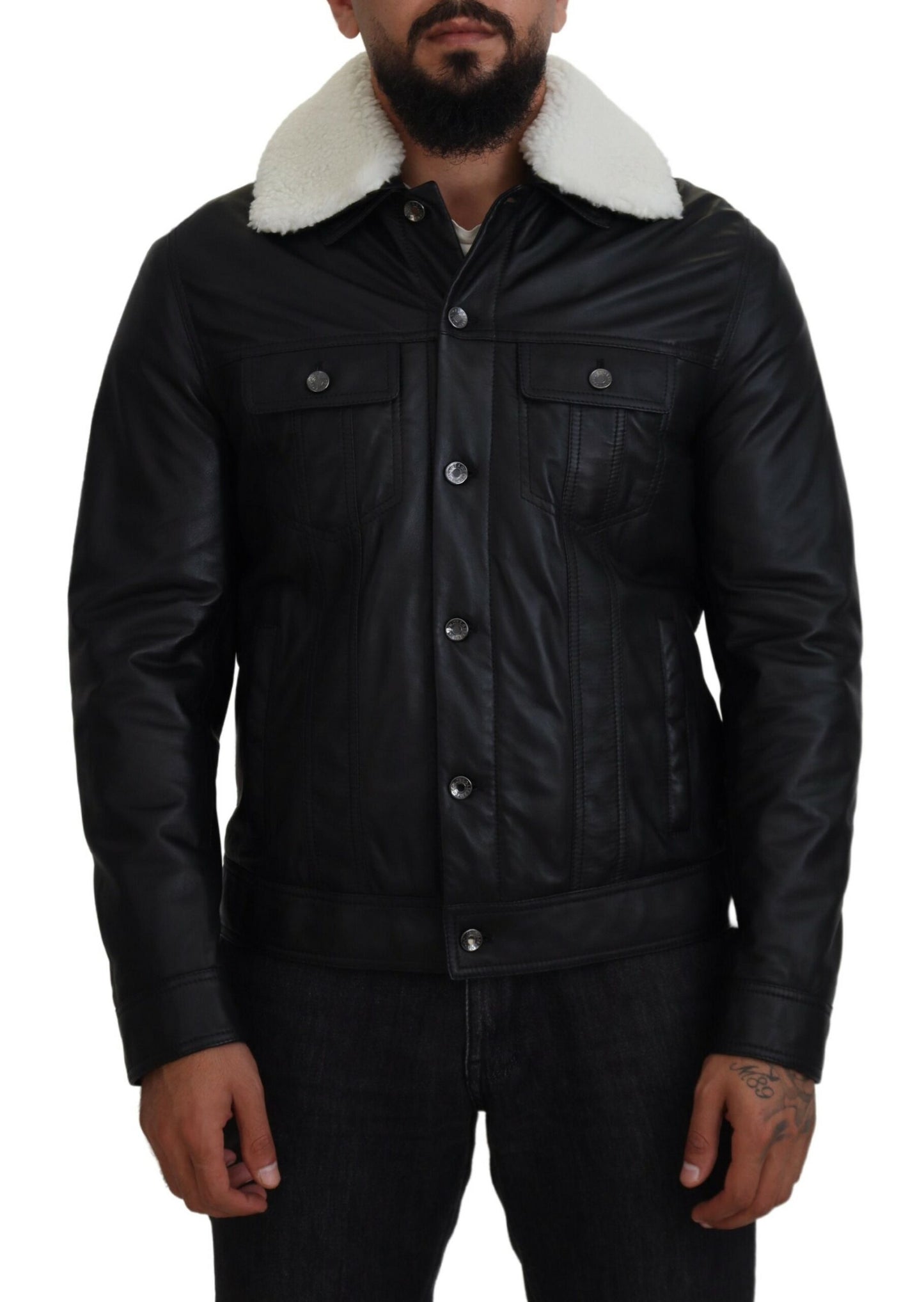 Dolce & Gabbana Élégant blouson aviateur en cuir noir