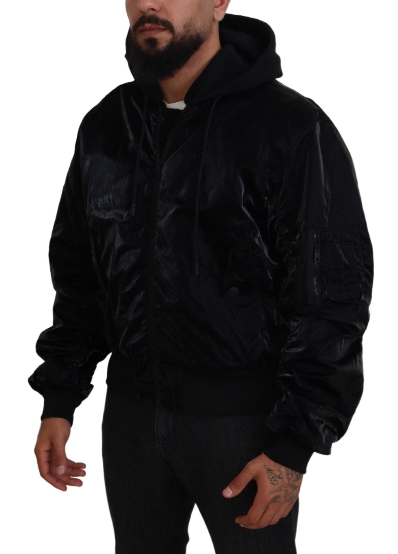 Dolce & Gabbana Élégant blouson aviateur noir à capuche